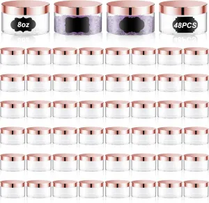 Uiifan 48 Pcs 8 oz Plastic Cosmetic Jars with Lids and Labels Empty Refillable Cosmetic Leak Proof Containers Lotion Jars for Cream Body Butters Powder Ointment Lip Scrub (Clear with Rose Gold Lids)