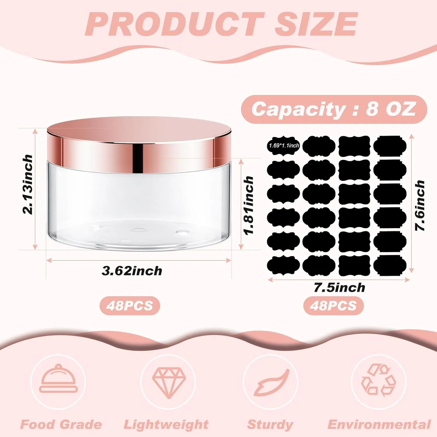 Uiifan 48 Pcs 8 oz Plastic Cosmetic Jars with Lids and Labels Empty Refillable Cosmetic Leak Proof Containers Lotion Jars for Cream Body Butters Powder Ointment Lip Scrub (Clear with Rose Gold Lids)