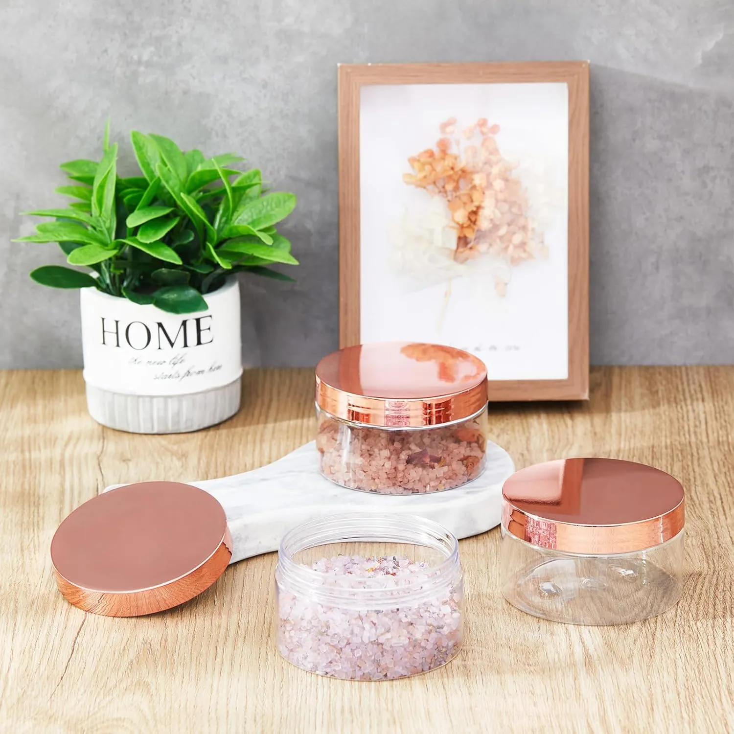 Uiifan 48 Pcs 8 oz Plastic Cosmetic Jars with Lids and Labels Empty Refillable Cosmetic Leak Proof Containers Lotion Jars for Cream Body Butters Powder Ointment Lip Scrub (Clear with Rose Gold Lids)