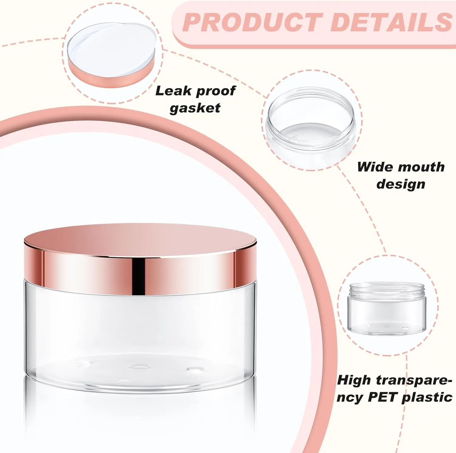 Uiifan 48 Pcs 8 oz Plastic Cosmetic Jars with Lids and Labels Empty Refillable Cosmetic Leak Proof Containers Lotion Jars for Cream Body Butters Powder Ointment Lip Scrub (Clear with Rose Gold Lids)