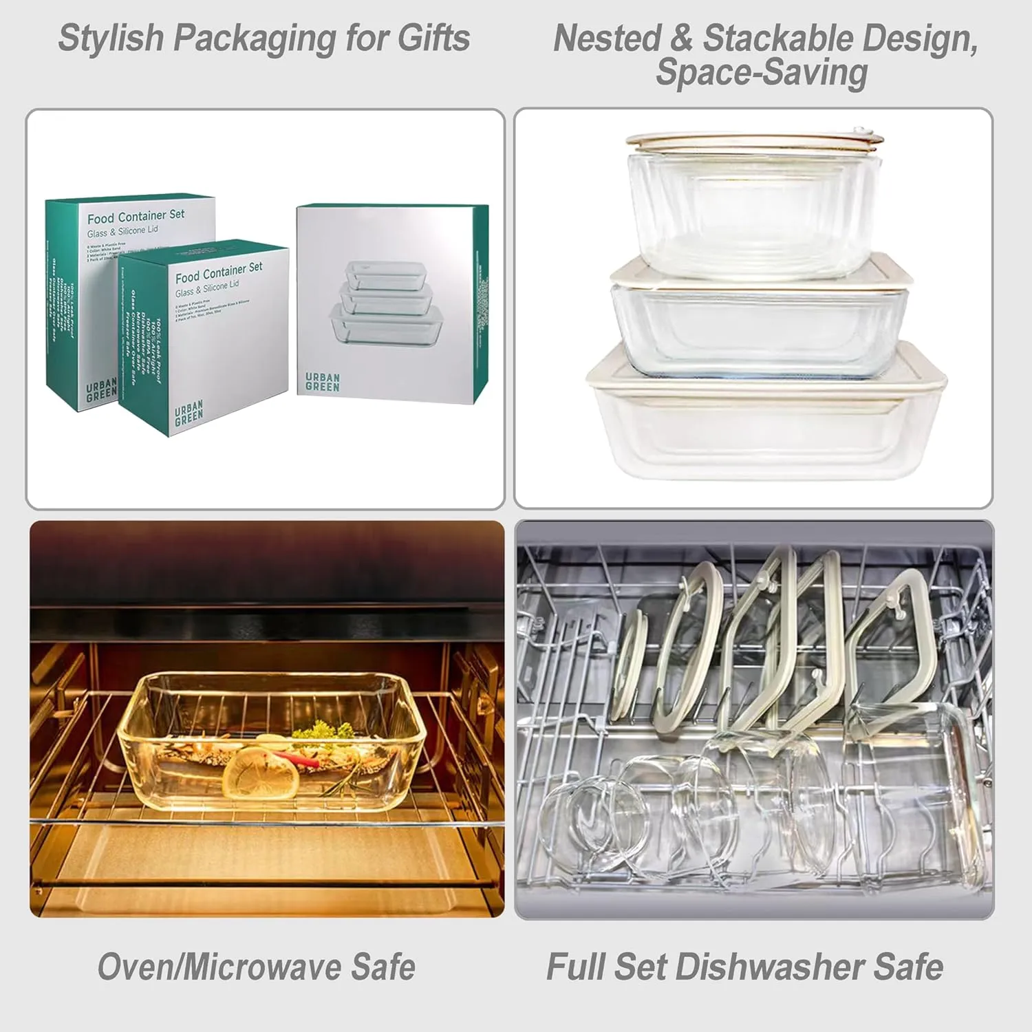 Urban Green Glass Food Container Set with Glass Lid, 4 Pack, Meal Prep Containers with Silicone Framed Airtight Lid, Leakproof, 100% Plastic Free,
