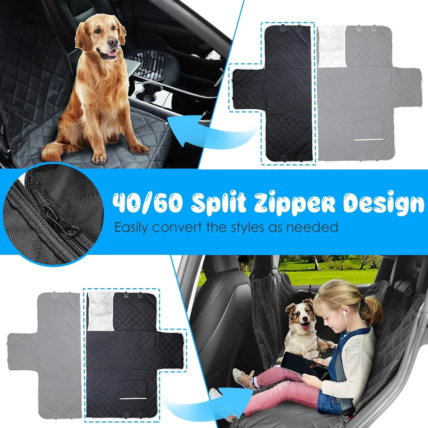 URPOWER 6-in-1 Dog Car Seat Cover for Back Seat, Waterproof Dog Car Hammock with Mesh Window & Side Flap, 40/60 Split Pet Backseat Protector for Car, SUV, Truck