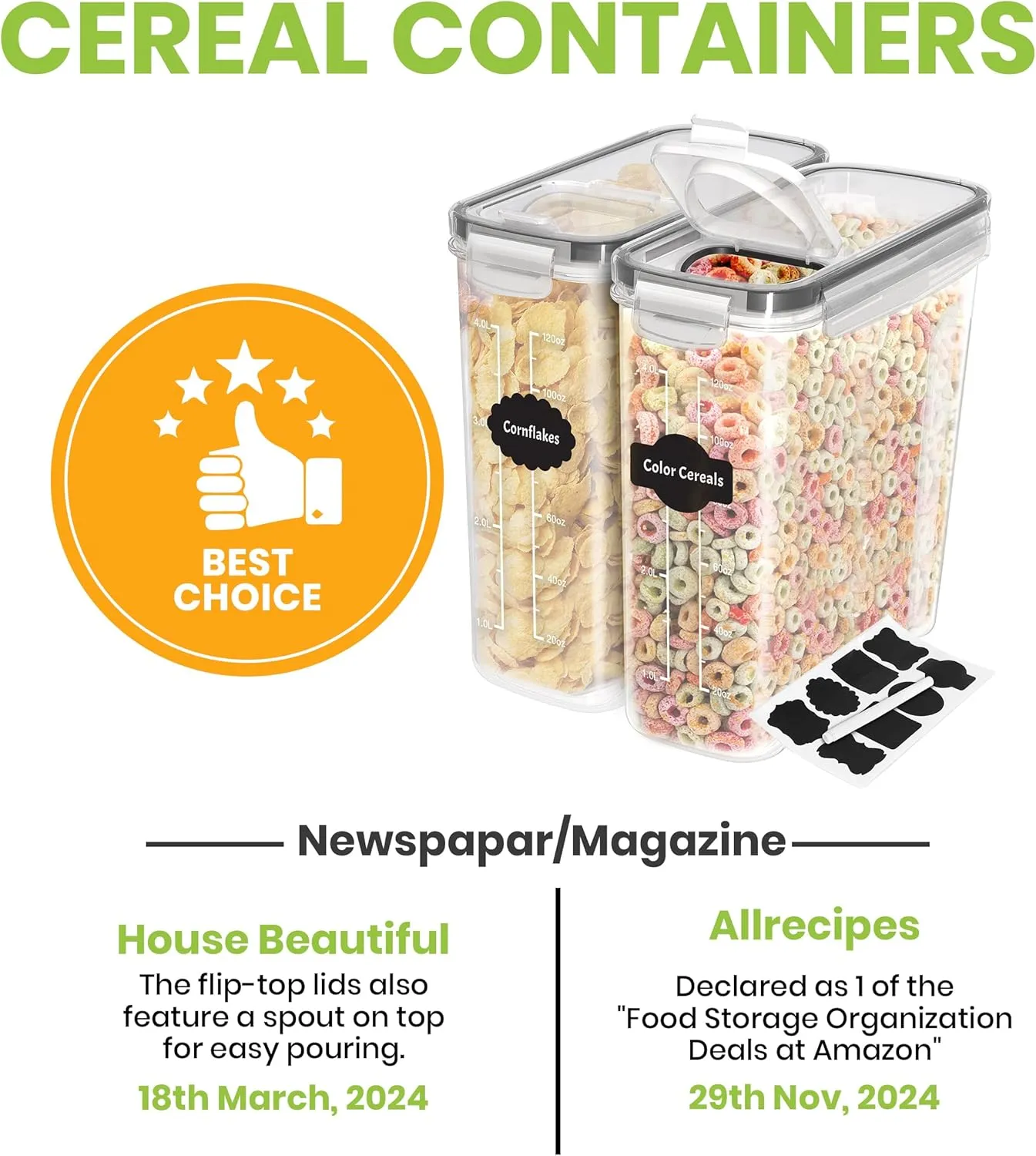 Utopia Kitchen Cereal Containers Storage - Liter Airtight Food Storage Containers & Cereal Dispenser For Pantry Organization And Storage (Clear, 4 Liter Pack of 4)