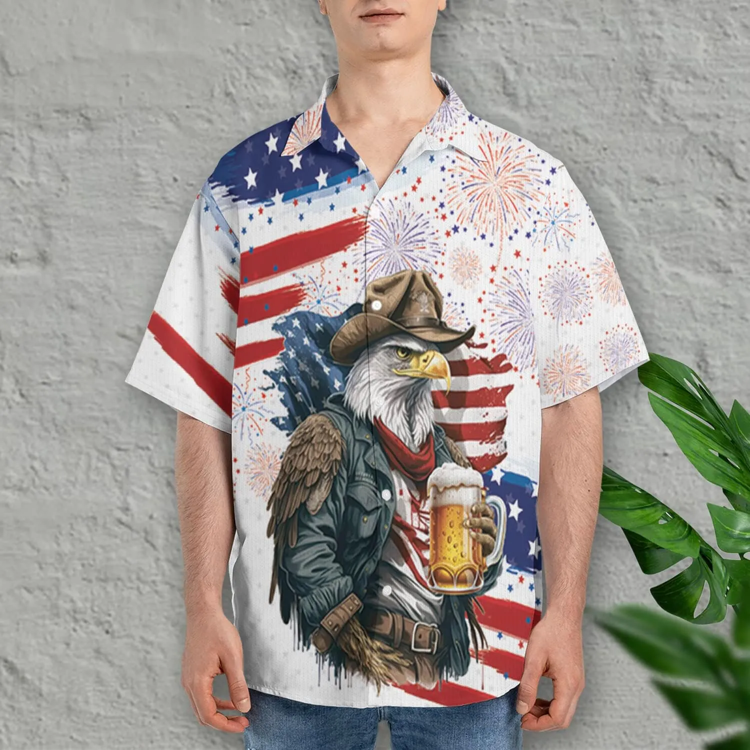 V-DECORPARKS Tropical Beer Men's Hawaiian Shirts Short Sleeve Custom Button Down America Patriotic Hawaiian Shirt