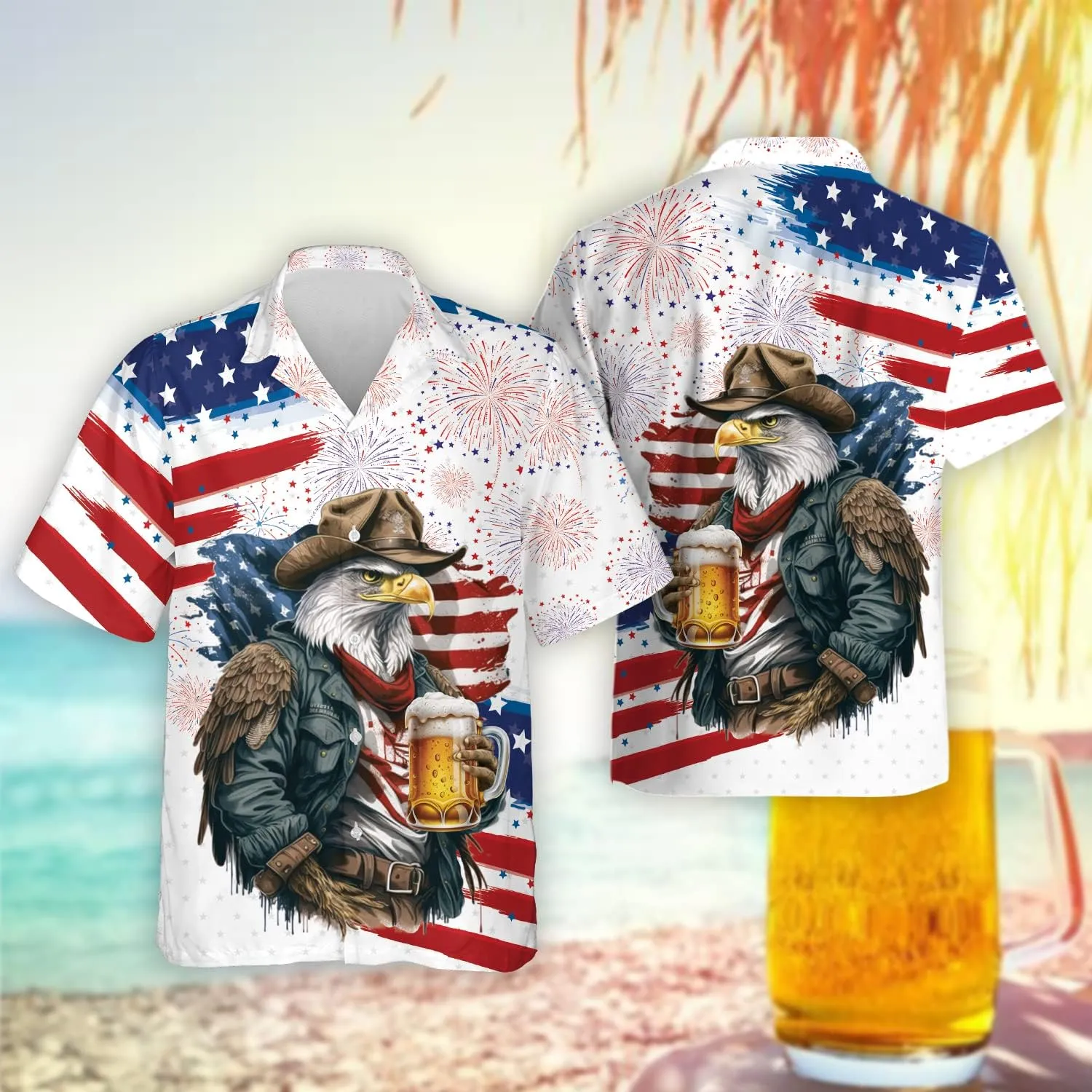 V-DECORPARKS Tropical Beer Men's Hawaiian Shirts Short Sleeve Custom Button Down America Patriotic Hawaiian Shirt