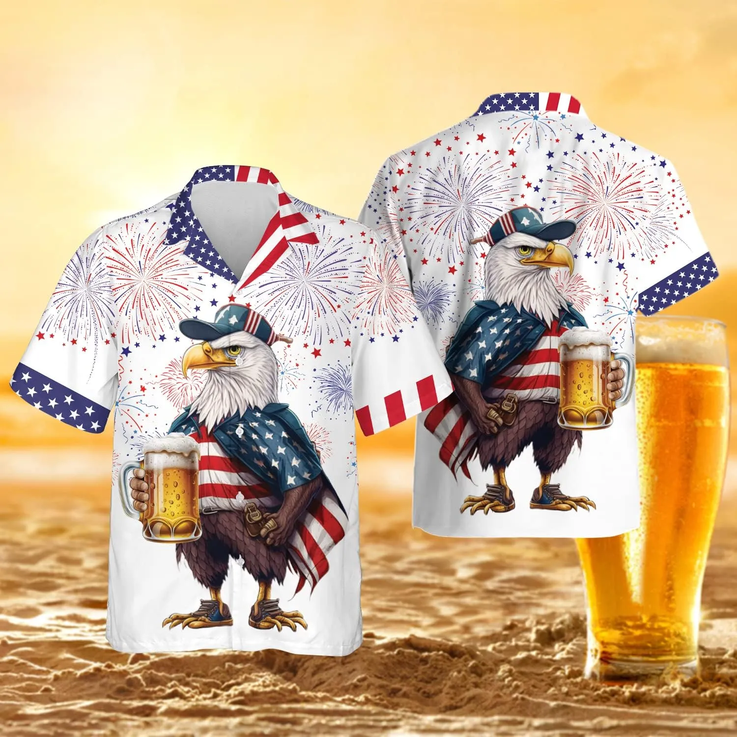 V-DECORPARKS Tropical Beer Men's Hawaiian Shirts Short Sleeve Custom Button Down America Patriotic Hawaiian Shirt