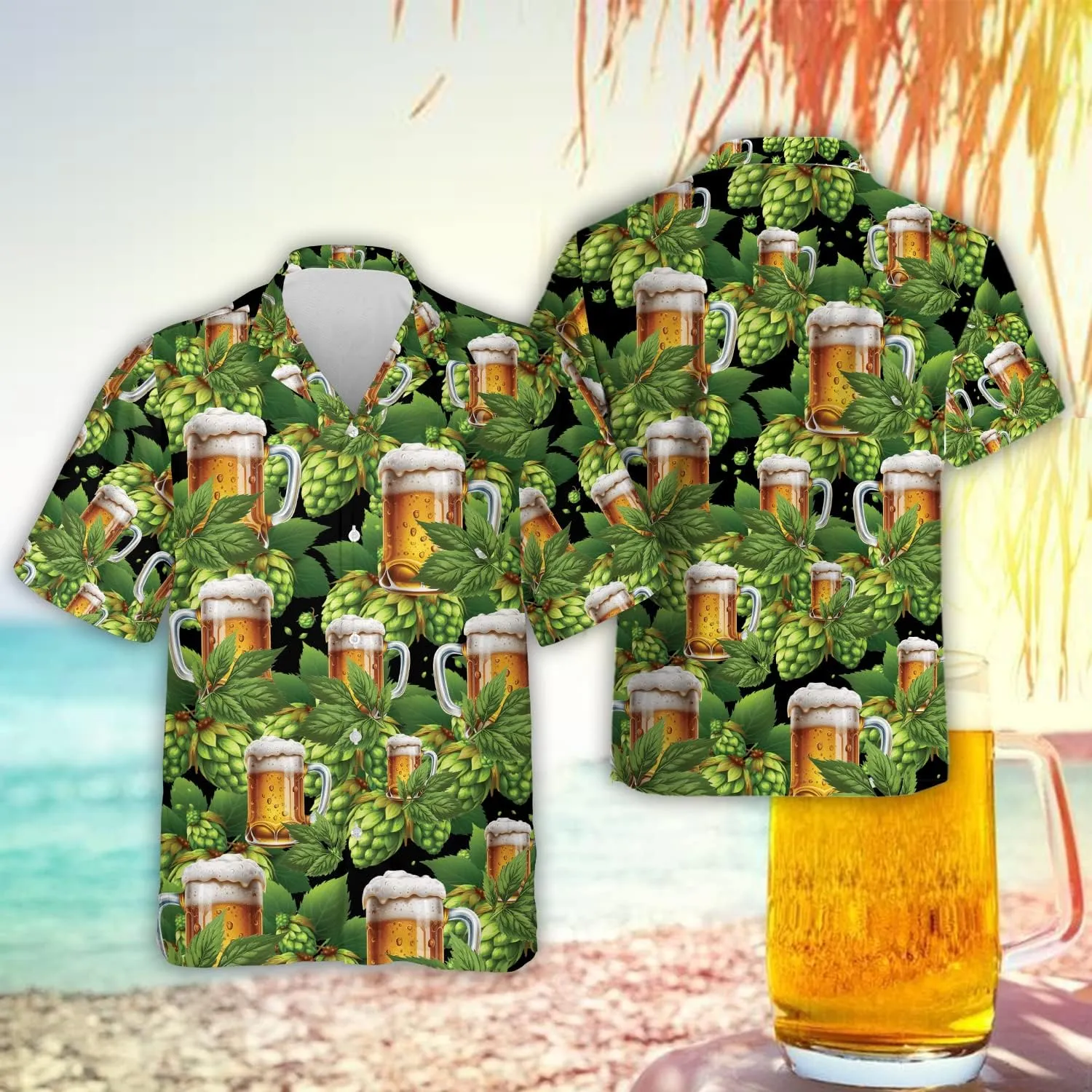 V-DECORPARKS Tropical Beer Men's Hawaiian Shirts Short Sleeve Custom Button Down America Patriotic Hawaiian Shirt