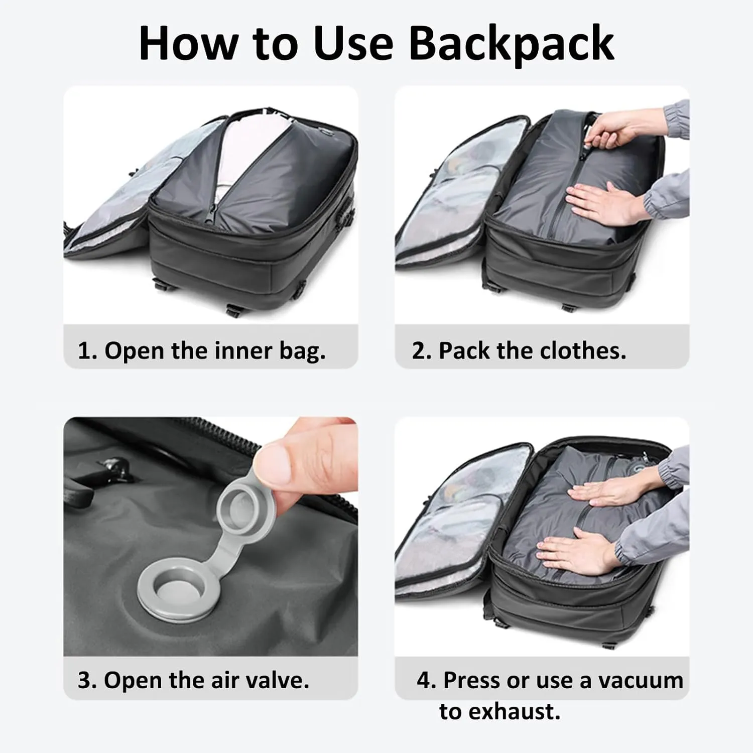 Vacpack Backpack, Airbag Backpack, Backpack with Vacuum Compression, Airpack Backpack with Pump, 60L Large Capacity Waterproof Anti-Theft Travel Backpack (A-Black)