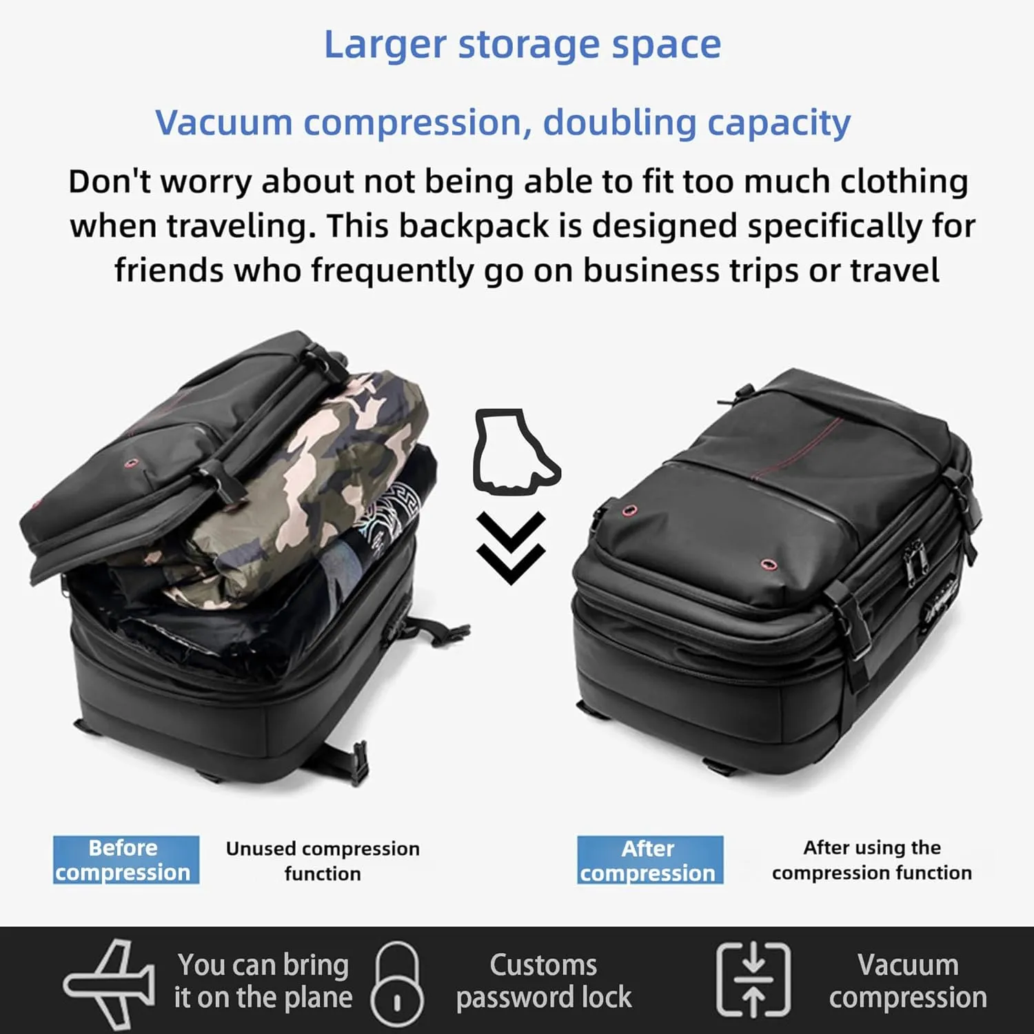 Vacpack Vacuum Backpack with Pump,60L Waterproof TSA Lock Travel Backpack, Expandable Airbag,with Vacuum Seal Compression (Blue)