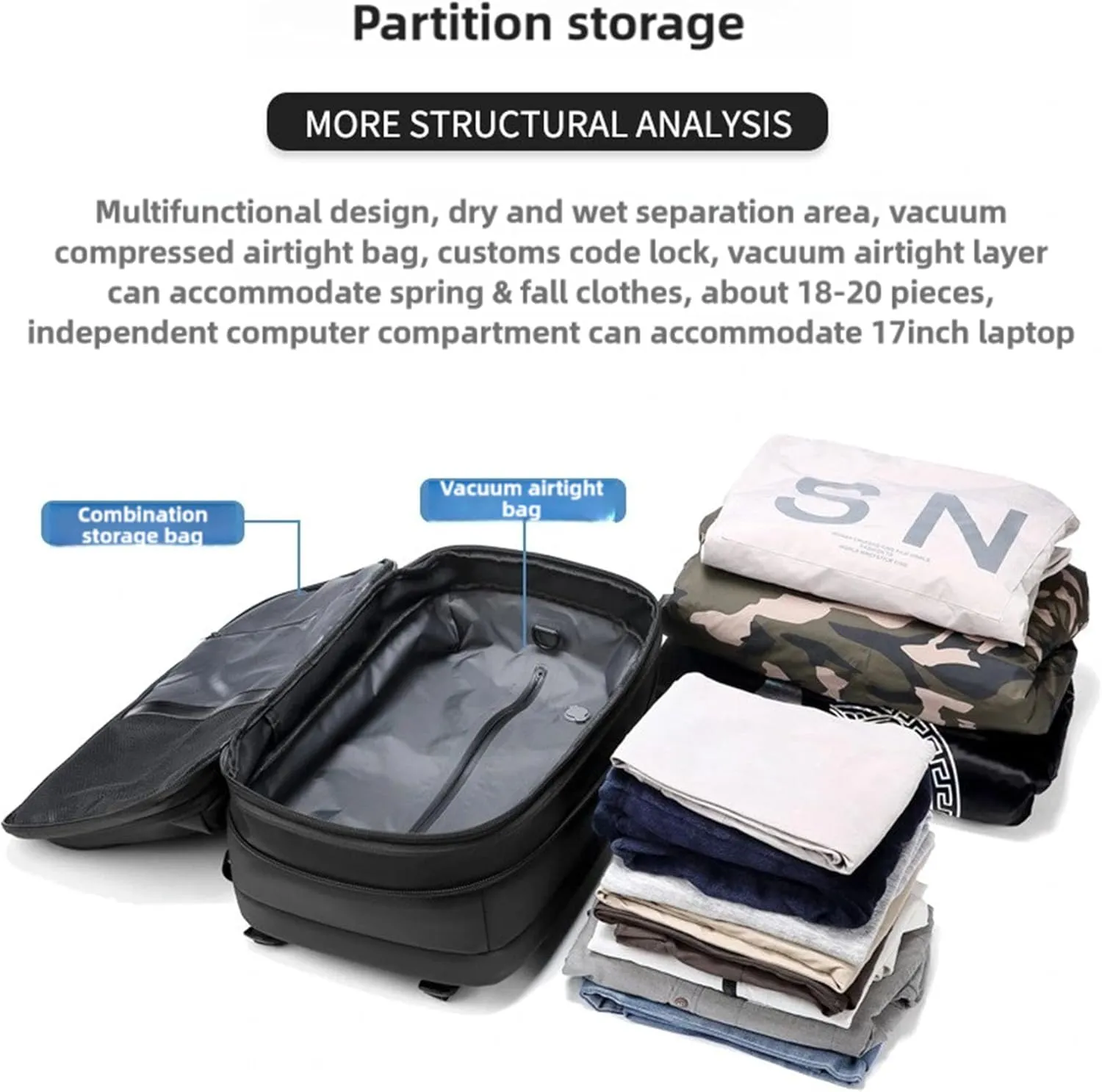 Vacpack Vacuum Backpack with Pump,60L Waterproof TSA Lock Travel Backpack, Expandable Airbag,with Vacuum Seal Compression (Blue)