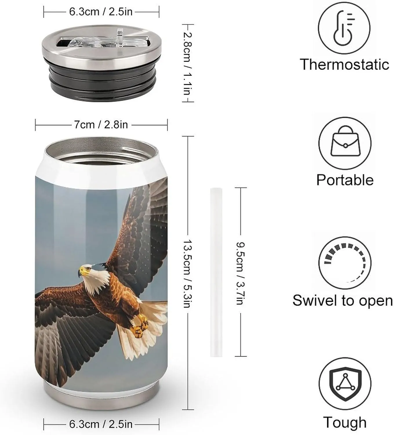 Vacuum Insulated Can Tumbler, Eagles Fly over Snow Capped Mountains Print Stainless Steel Travel Mug with Lid & Straw Reusable Thermos Cup for Coffee, Tea & Cold Drinks