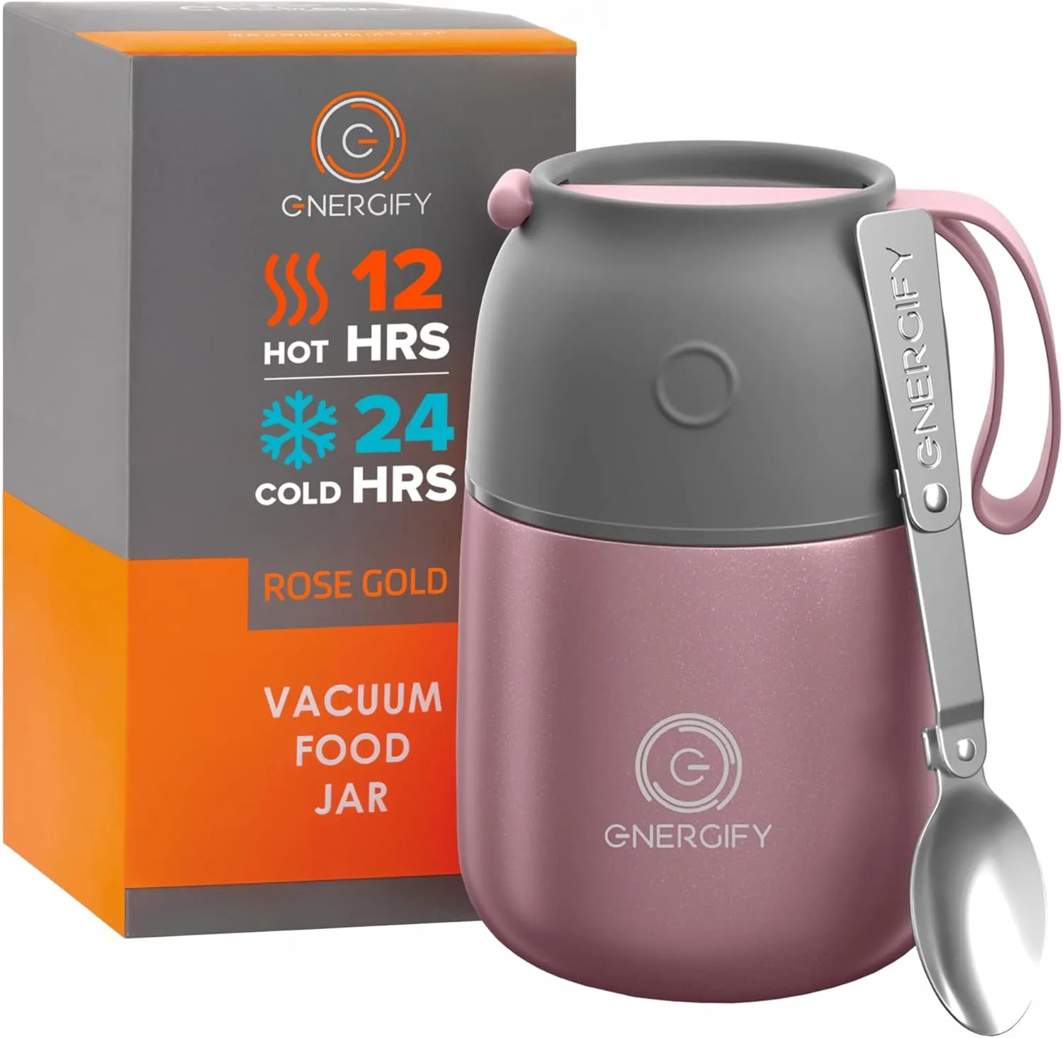 Vacuum Insulated Food Jar. Large 17oz Bowl incl. Folding Spoon, Cup. Wide Mouth Thermos Keep Hot & Cold Drinks Soup Thermo Lunch Container for Adults. BPA-Free Stainless Steel, Leak Proof Rose Gold
