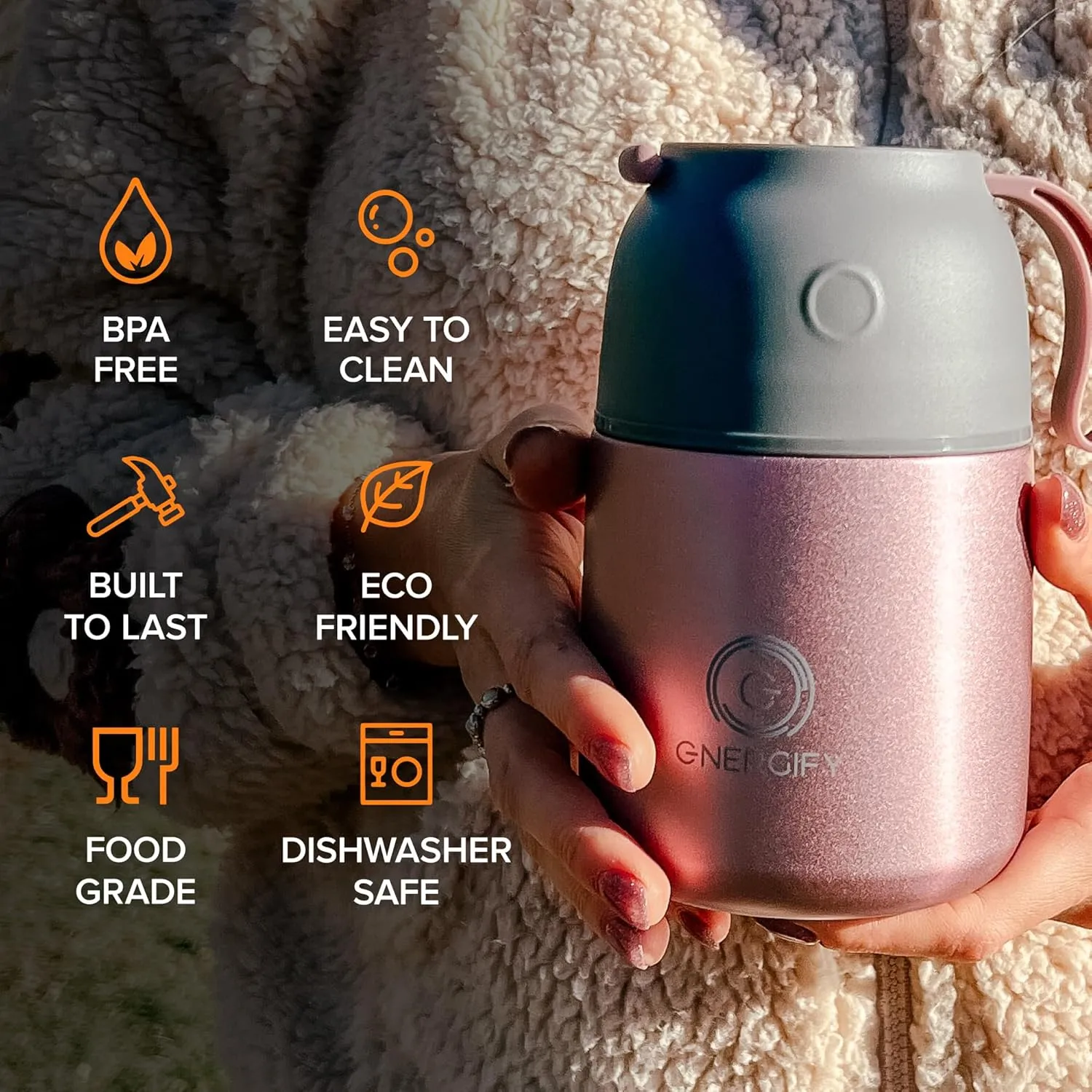 Vacuum Insulated Food Jar. Large 17oz Bowl incl. Folding Spoon, Cup. Wide Mouth Thermos Keep Hot & Cold Drinks Soup Thermo Lunch Container for Adults. BPA-Free Stainless Steel, Leak Proof Rose Gold