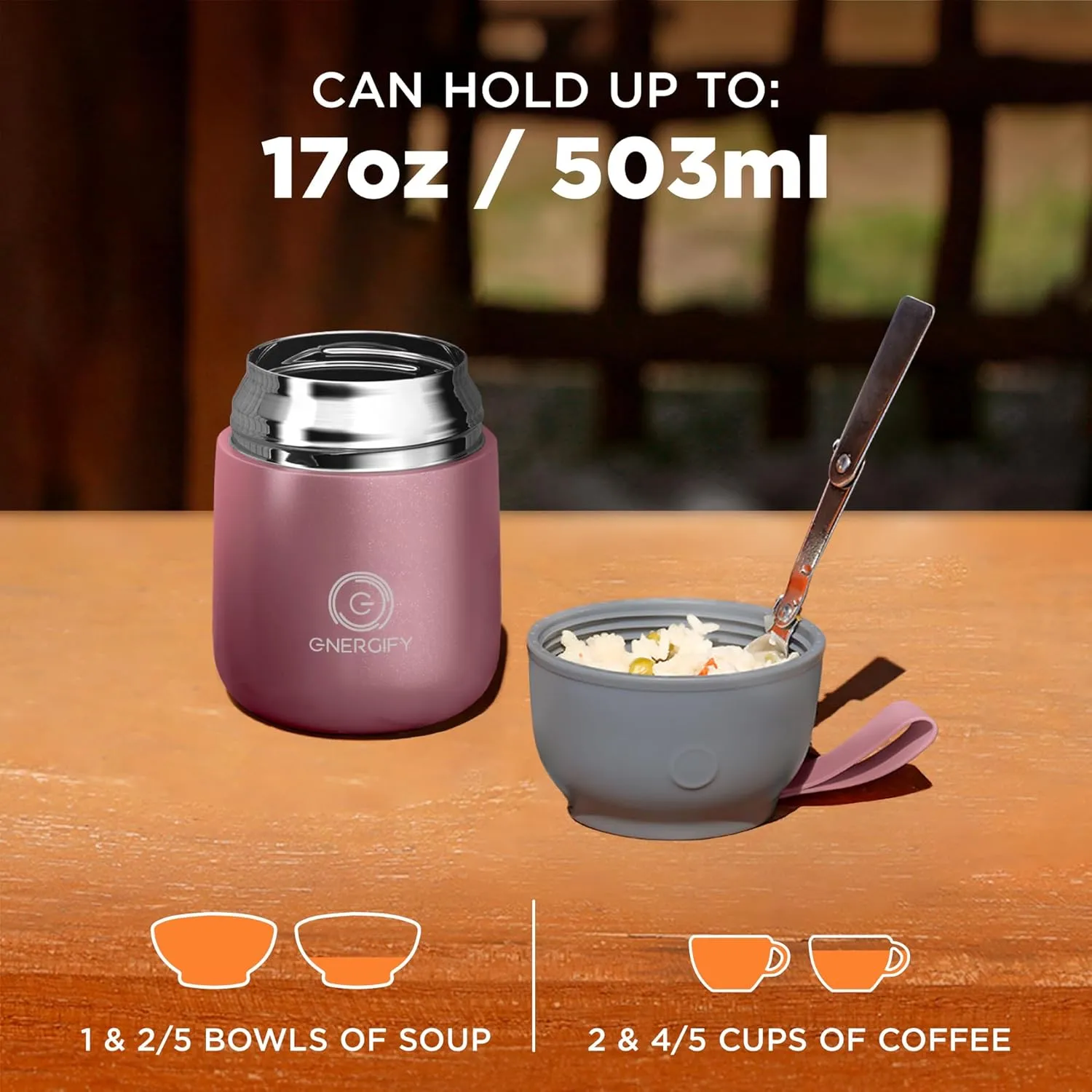 Vacuum Insulated Food Jar. Large 17oz Bowl incl. Folding Spoon, Cup. Wide Mouth Thermos Keep Hot & Cold Drinks Soup Thermo Lunch Container for Adults. BPA-Free Stainless Steel, Leak Proof Rose Gold