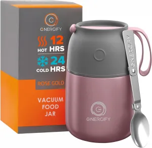 Vacuum Insulated Food Jar. Large 17oz Bowl incl. Folding Spoon, Cup. Wide Mouth Thermos Keep Hot & Cold Drinks Soup Thermo Lunch Container for Adults. BPA-Free Stainless Steel, Leak Proof Rose Gold