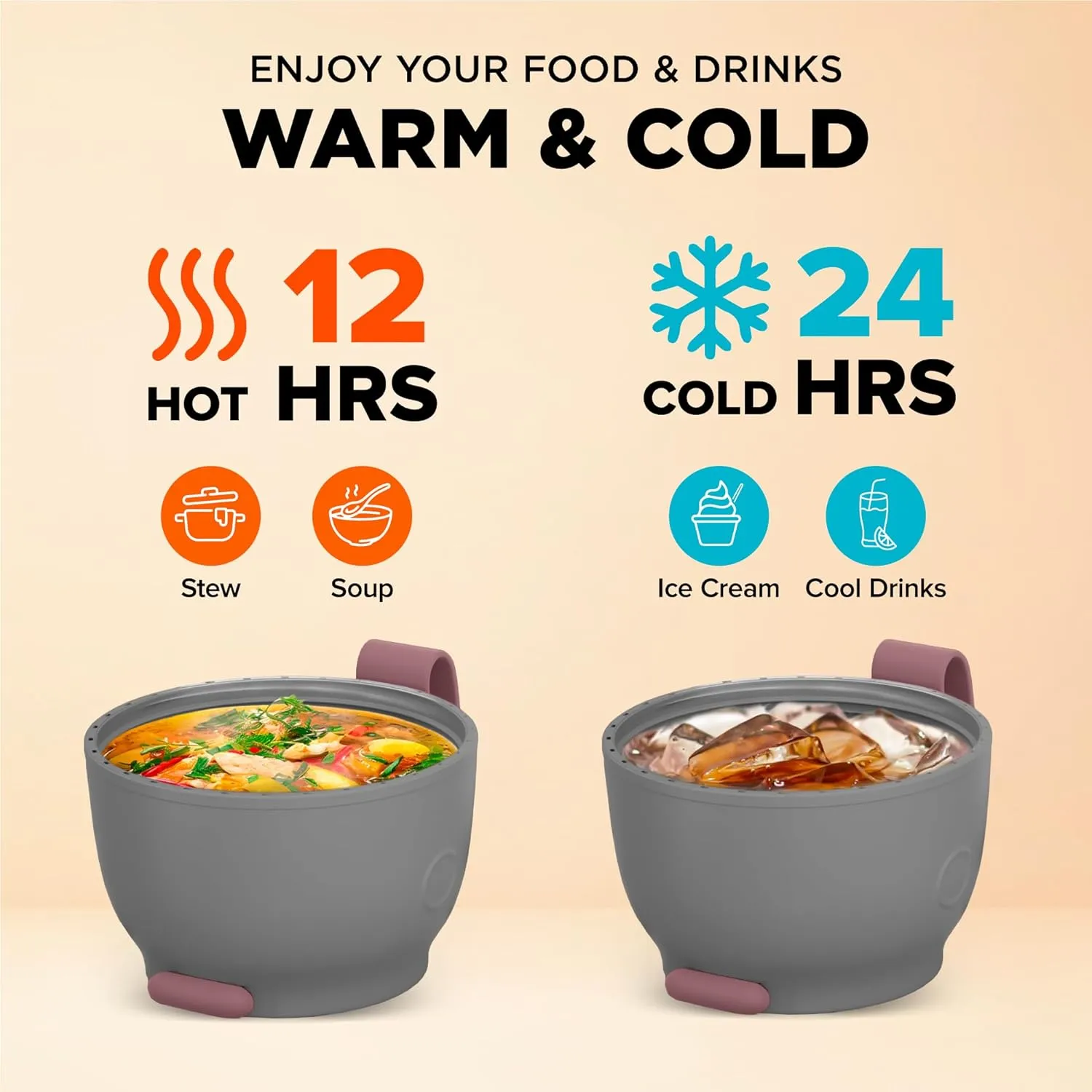 Vacuum Insulated Food Jar. Large 17oz Bowl incl. Folding Spoon, Cup. Wide Mouth Thermos Keep Hot & Cold Drinks Soup Thermo Lunch Container for Adults. BPA-Free Stainless Steel, Leak Proof Rose Gold