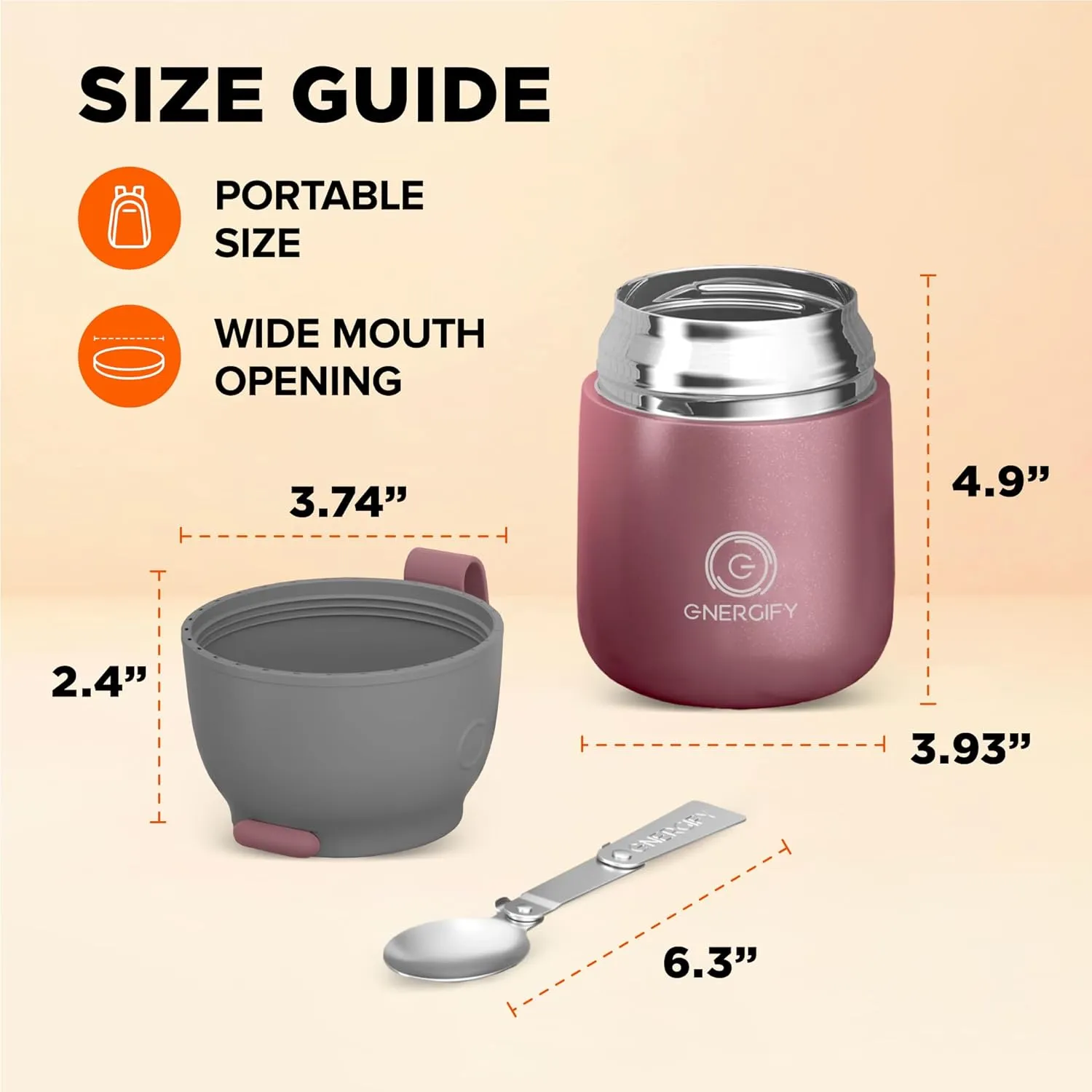 Vacuum Insulated Food Jar. Large 17oz Bowl incl. Folding Spoon, Cup. Wide Mouth Thermos Keep Hot & Cold Drinks Soup Thermo Lunch Container for Adults. BPA-Free Stainless Steel, Leak Proof Rose Gold