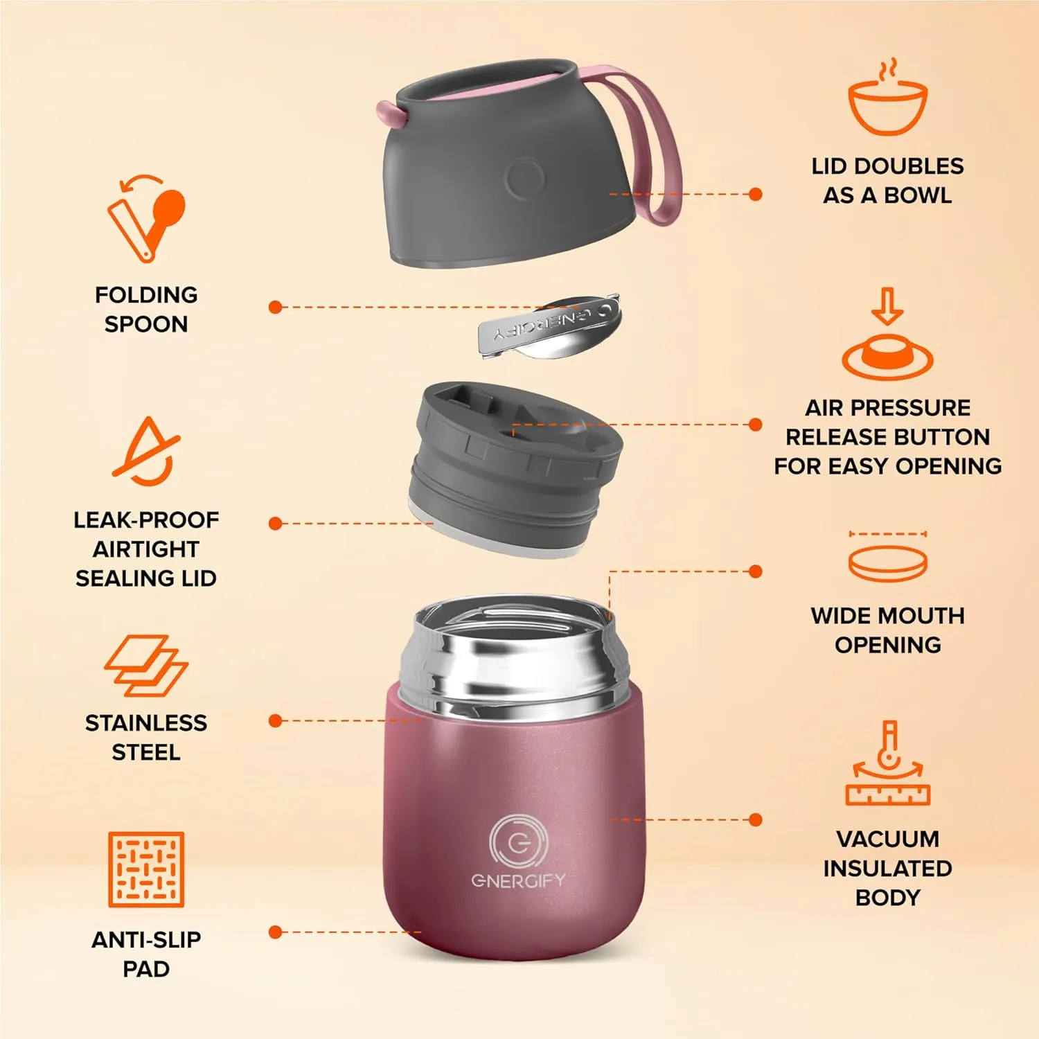 Vacuum Insulated Food Jar. Large 17oz Bowl incl. Folding Spoon, Cup. Wide Mouth Thermos Keep Hot & Cold Drinks Soup Thermo Lunch Container for Adults. BPA-Free Stainless Steel, Leak Proof Rose Gold