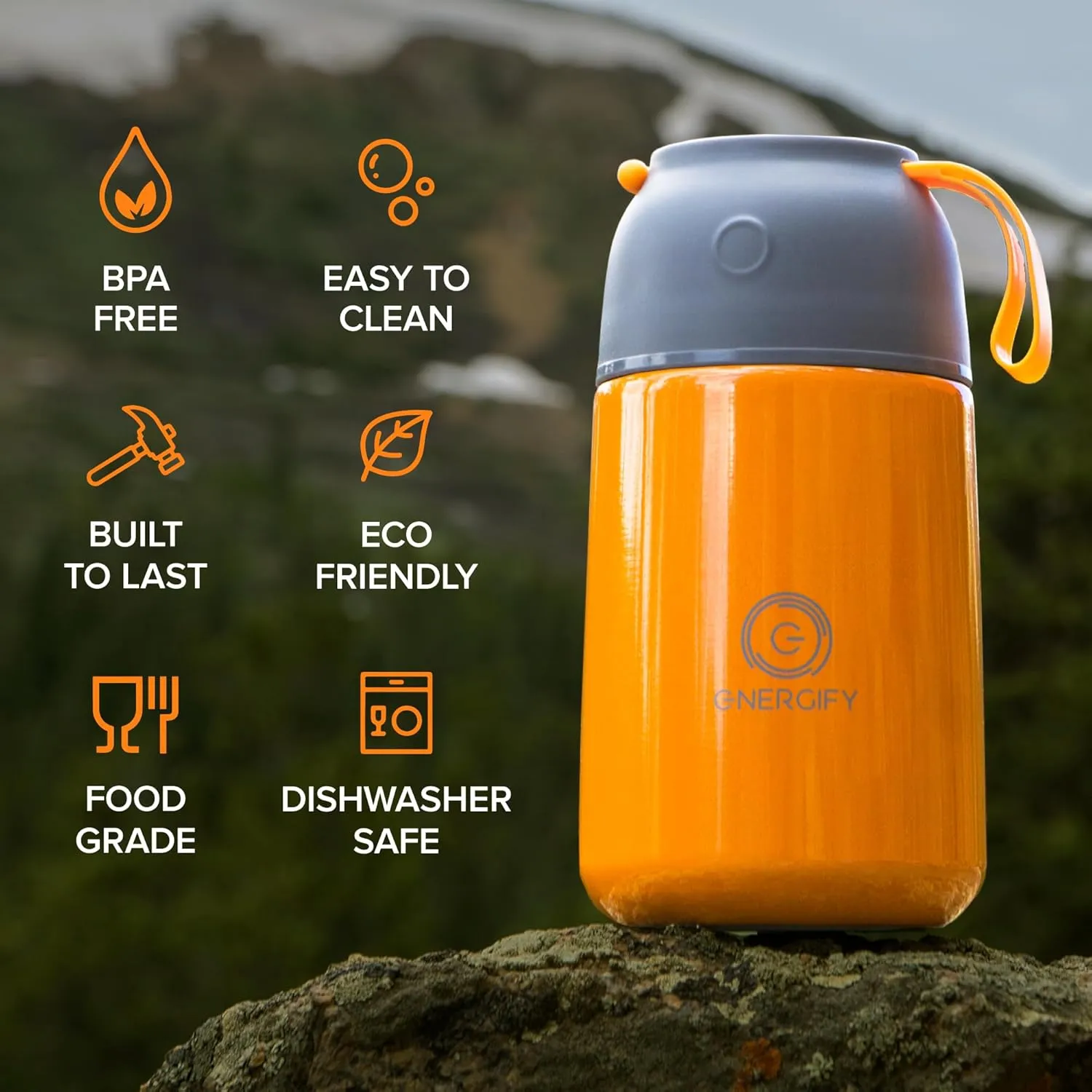 Vacuum Insulated Food Jar. Large 24oz Bowl incl. Folding Spoon, Cup. Wide Mouth Thermos Keep Hot & Cold Drinks Soup Thermo Lunch Container for Adults. BPA-Free Stainless Steel, Leak Proof Orange