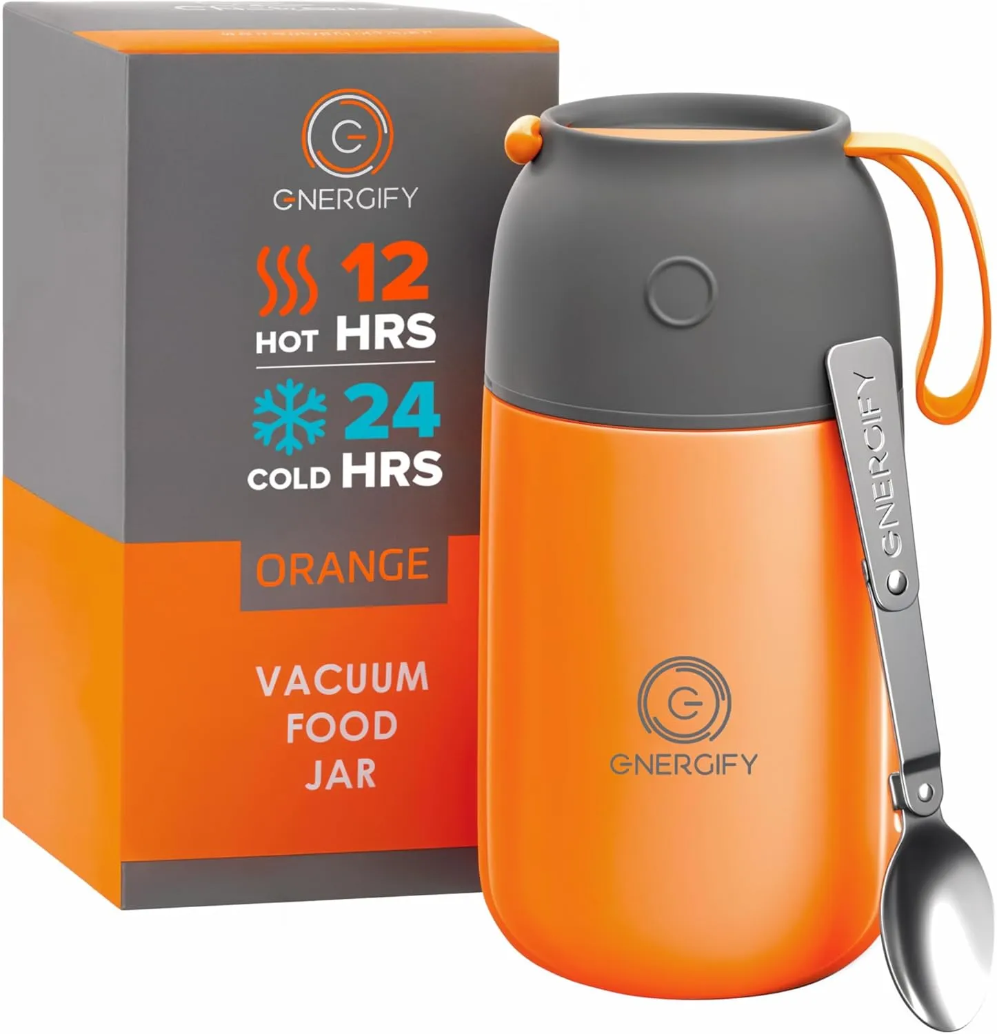 Vacuum Insulated Food Jar. Large 24oz Bowl incl. Folding Spoon, Cup. Wide Mouth Thermos Keep Hot & Cold Drinks Soup Thermo Lunch Container for Adults. BPA-Free Stainless Steel, Leak Proof Orange