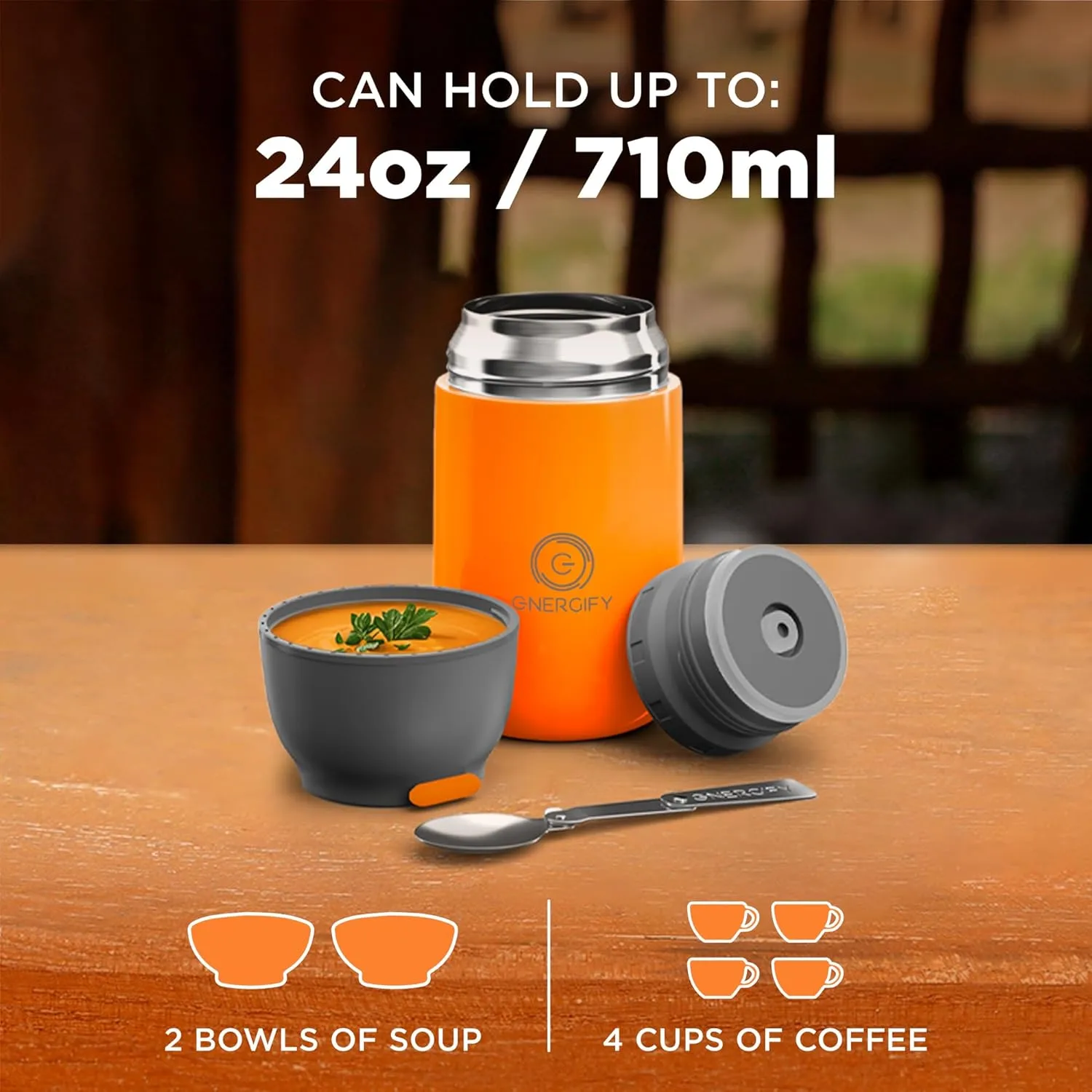 Vacuum Insulated Food Jar. Large 24oz Bowl incl. Folding Spoon, Cup. Wide Mouth Thermos Keep Hot & Cold Drinks Soup Thermo Lunch Container for Adults. BPA-Free Stainless Steel, Leak Proof Orange