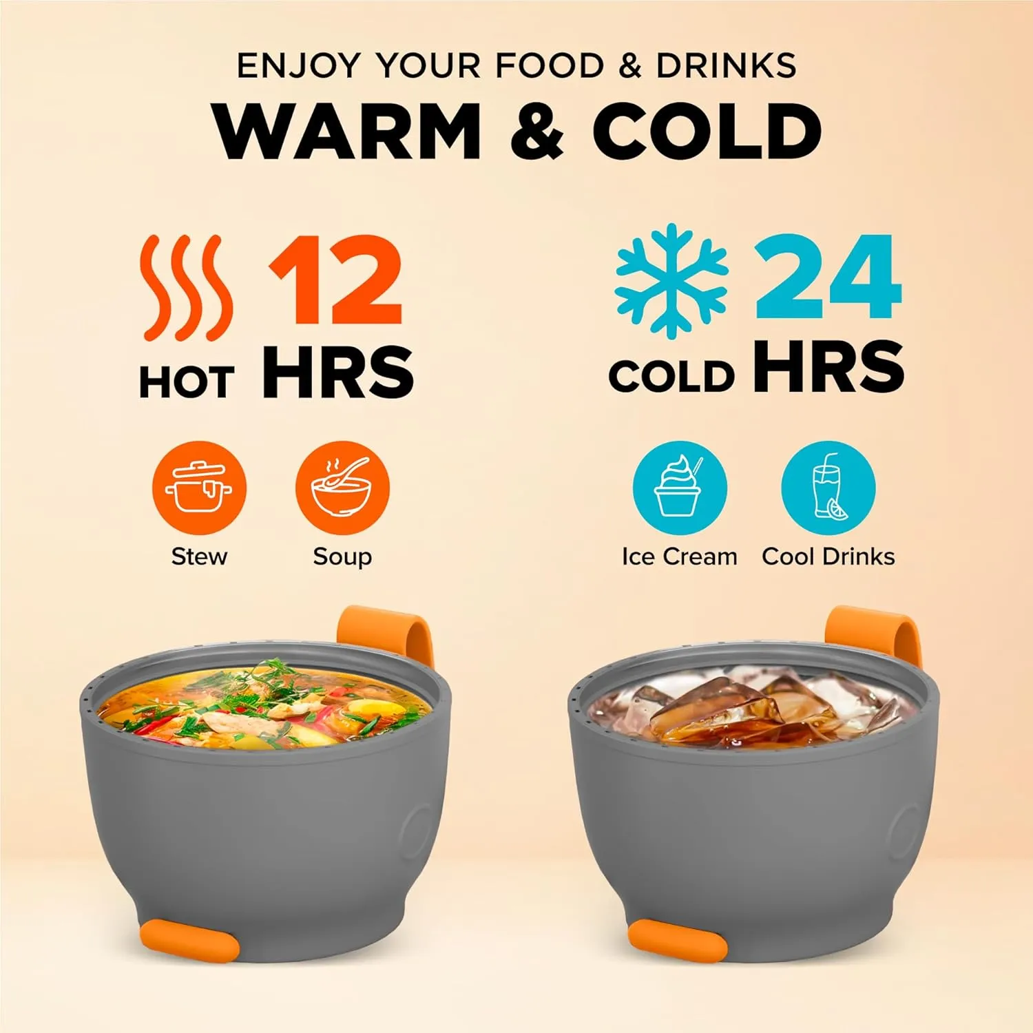 Vacuum Insulated Food Jar. Large 24oz Bowl incl. Folding Spoon, Cup. Wide Mouth Thermos Keep Hot & Cold Drinks Soup Thermo Lunch Container for Adults. BPA-Free Stainless Steel, Leak Proof Orange