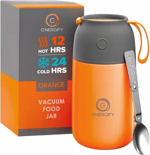 Vacuum Insulated Food Jar. Large 24oz Bowl incl. Folding Spoon, Cup. Wide Mouth Thermos Keep Hot & Cold Drinks Soup Thermo Lunch Container for Adults. BPA-Free Stainless Steel, Leak Proof Orange