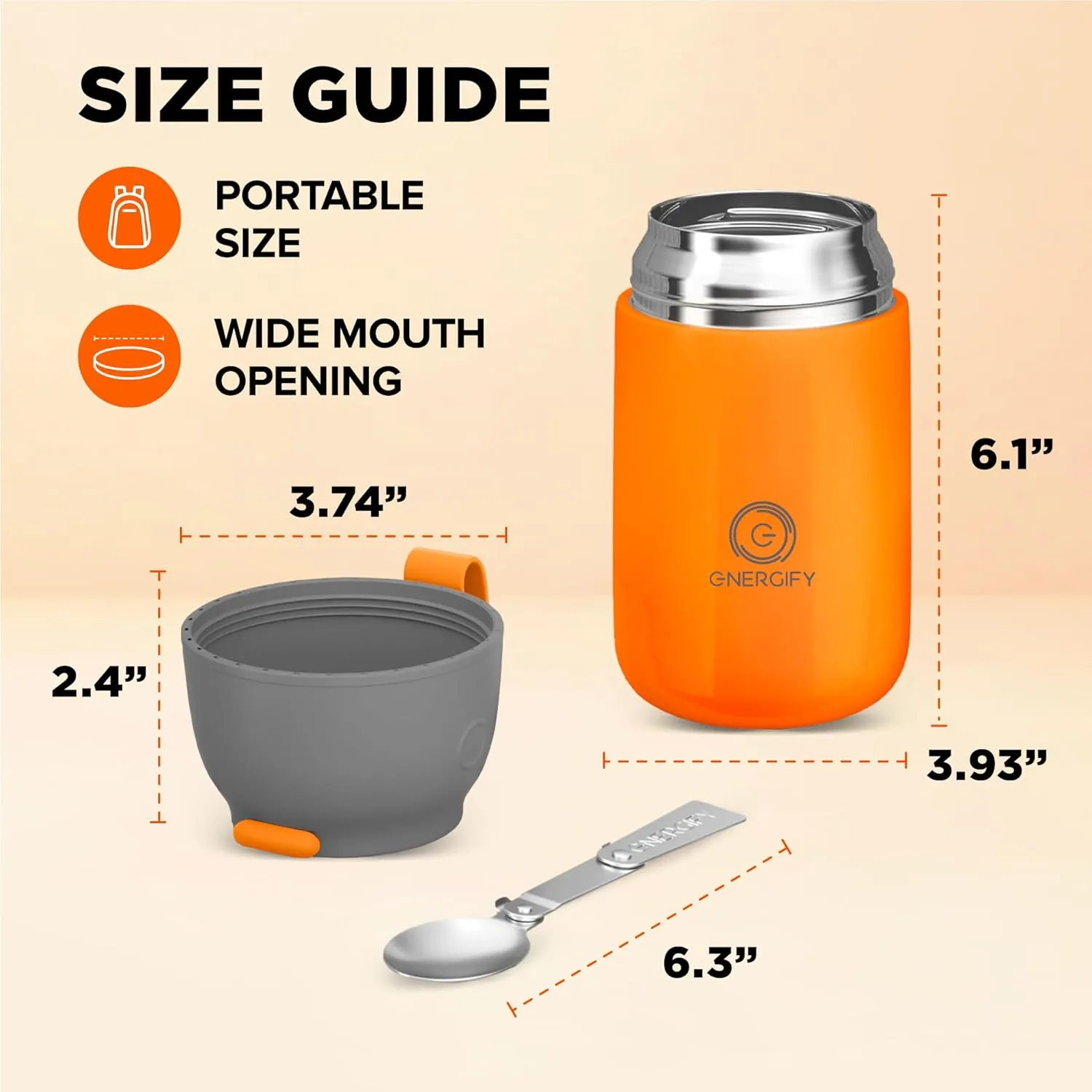 Vacuum Insulated Food Jar. Large 24oz Bowl incl. Folding Spoon, Cup. Wide Mouth Thermos Keep Hot & Cold Drinks Soup Thermo Lunch Container for Adults. BPA-Free Stainless Steel, Leak Proof Orange