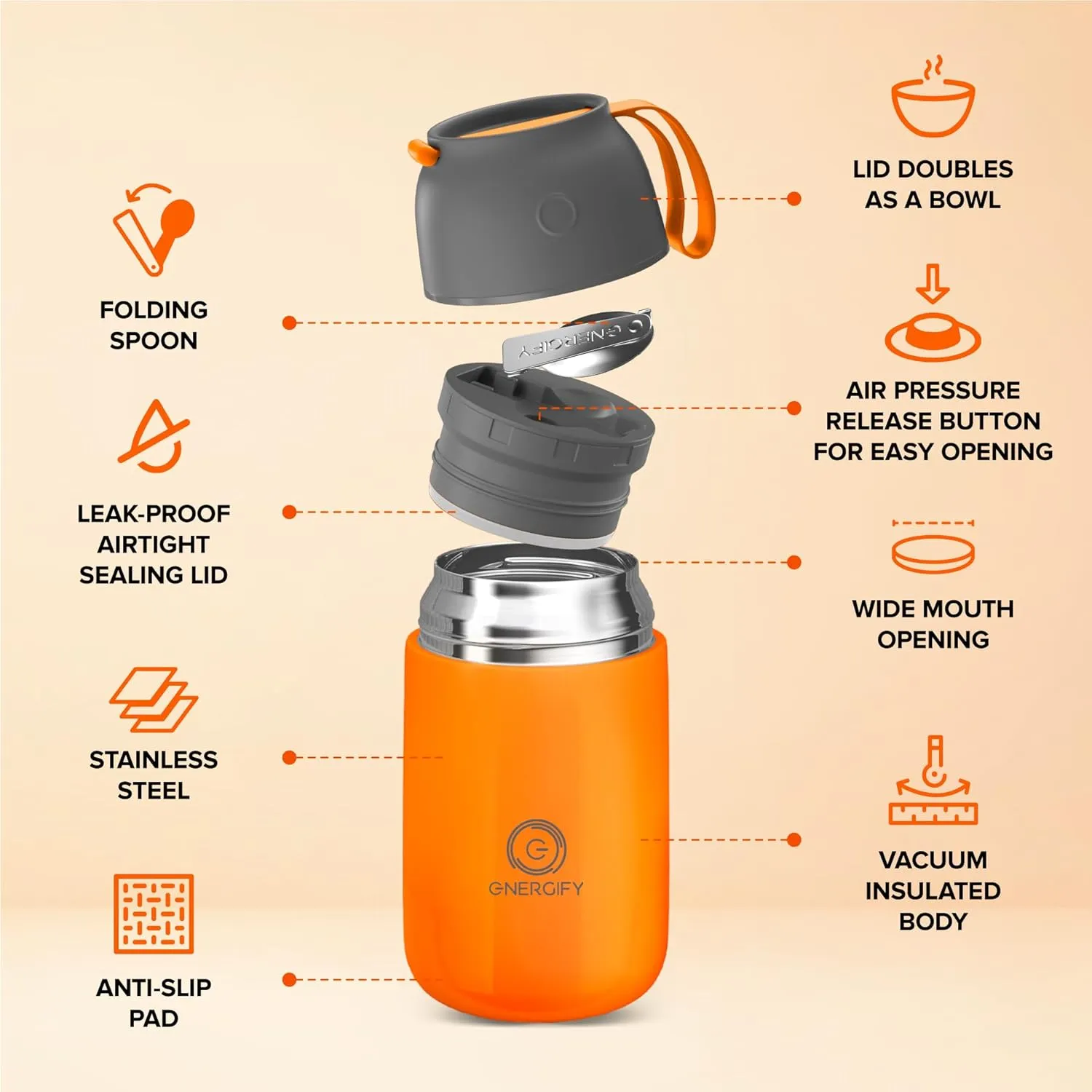 Vacuum Insulated Food Jar. Large 24oz Bowl incl. Folding Spoon, Cup. Wide Mouth Thermos Keep Hot & Cold Drinks Soup Thermo Lunch Container for Adults. BPA-Free Stainless Steel, Leak Proof Orange