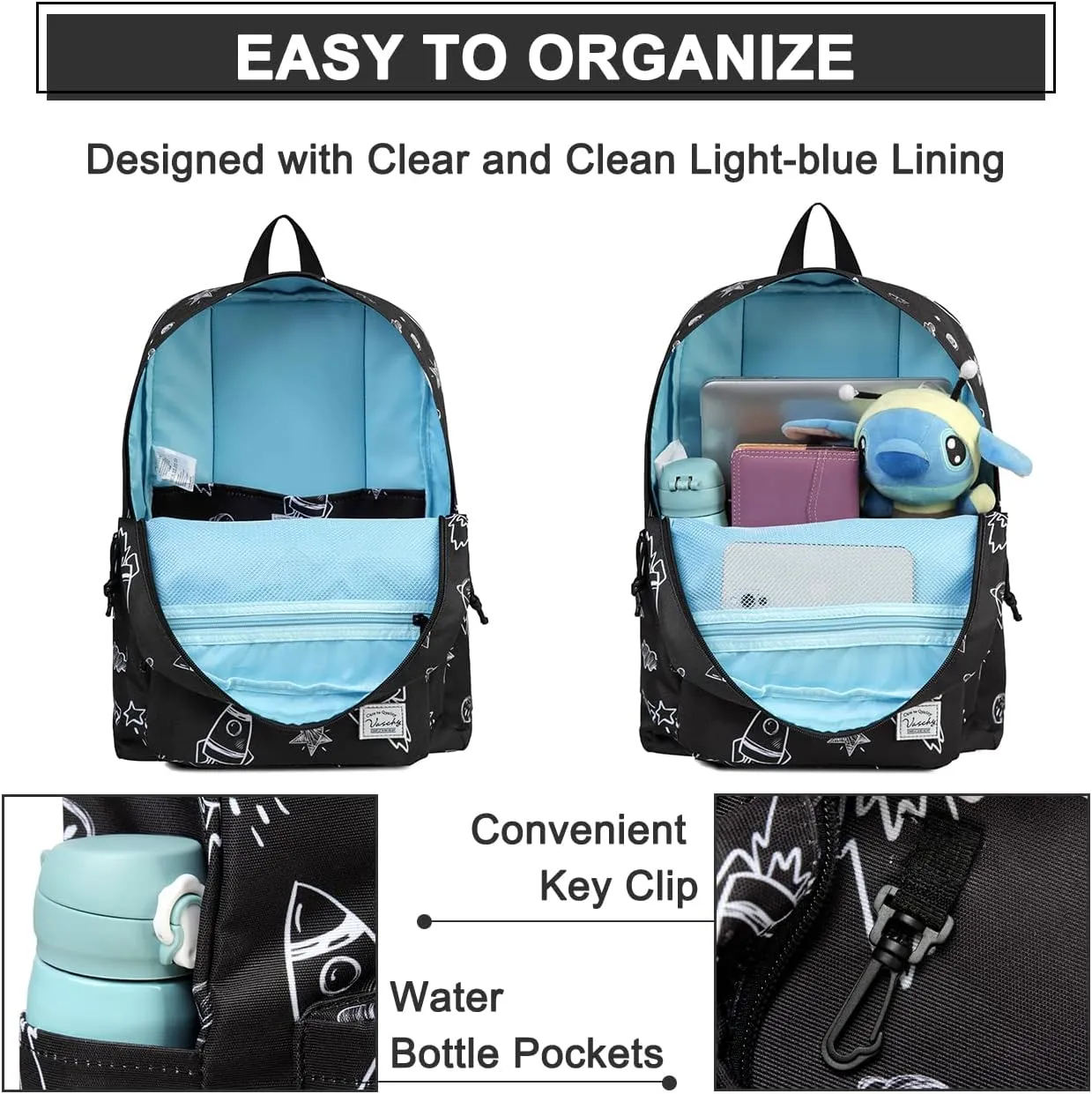VASCHY Backpack for School, Lightweight Water Resistant Bookbag Casual Daypack for Man/Boys Rockets