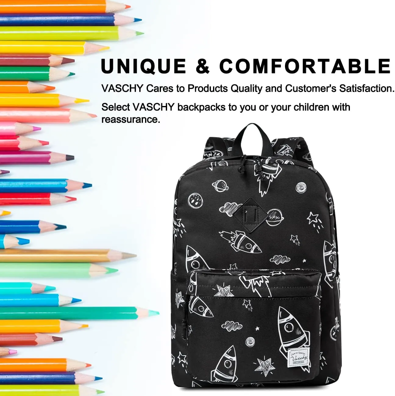 VASCHY Backpack for School, Lightweight Water Resistant Bookbag Casual Daypack for Man/Boys Rockets