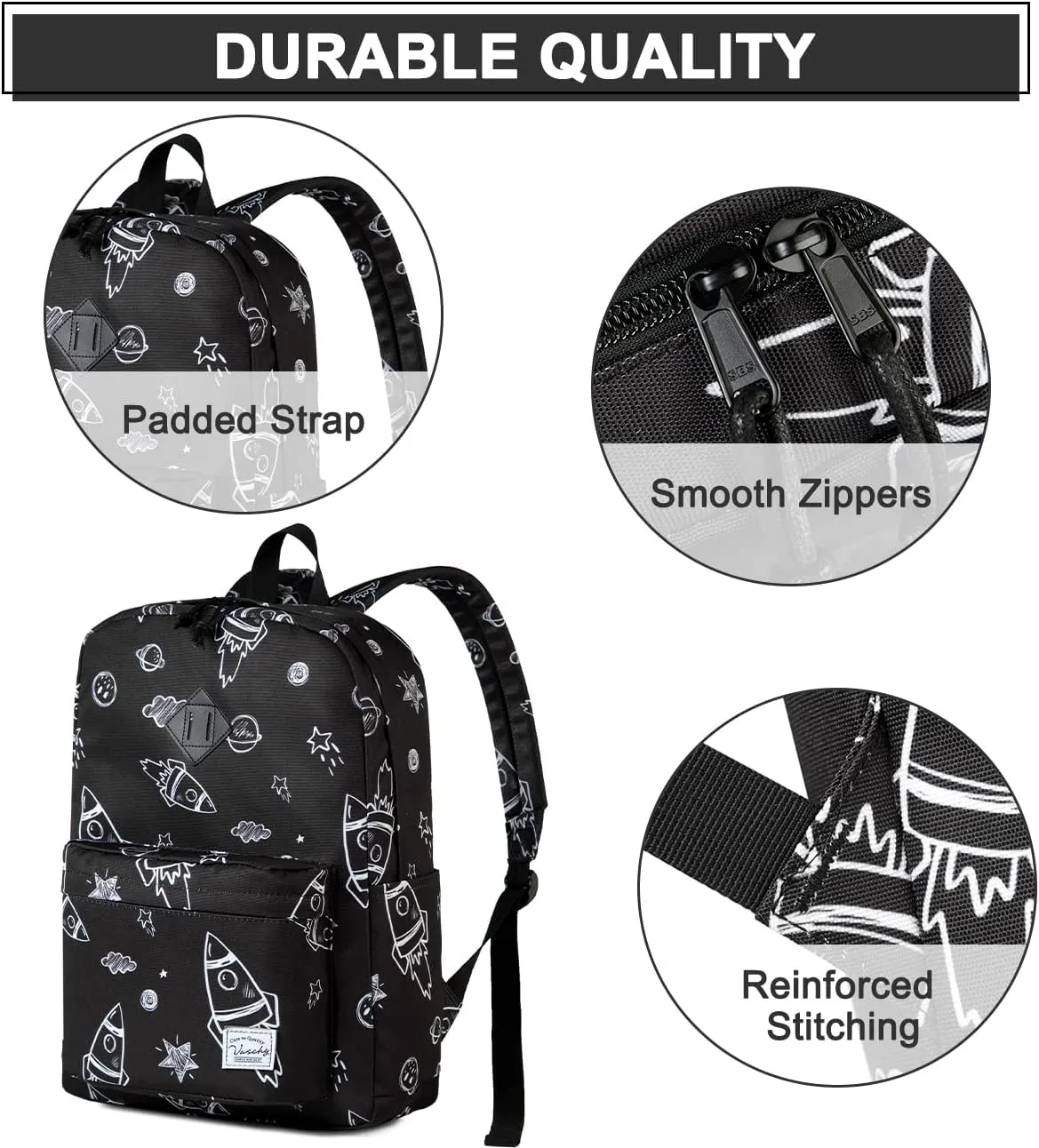 VASCHY Backpack for School, Lightweight Water Resistant Bookbag Casual Daypack for Man/Boys Rockets