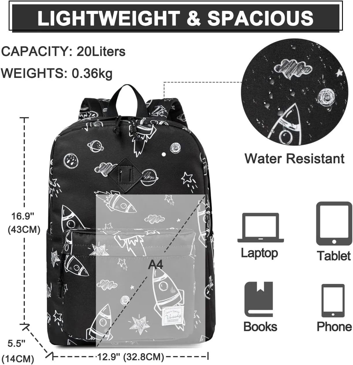 VASCHY Backpack for School, Lightweight Water Resistant Bookbag Casual Daypack for Man/Boys Rockets