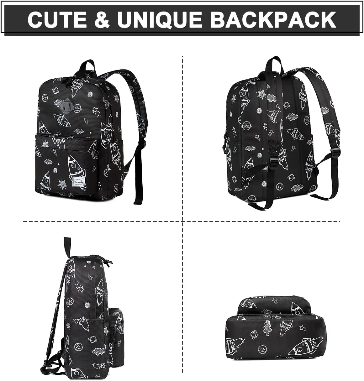VASCHY Backpack for School, Lightweight Water Resistant Bookbag Casual Daypack for Man/Boys Rockets