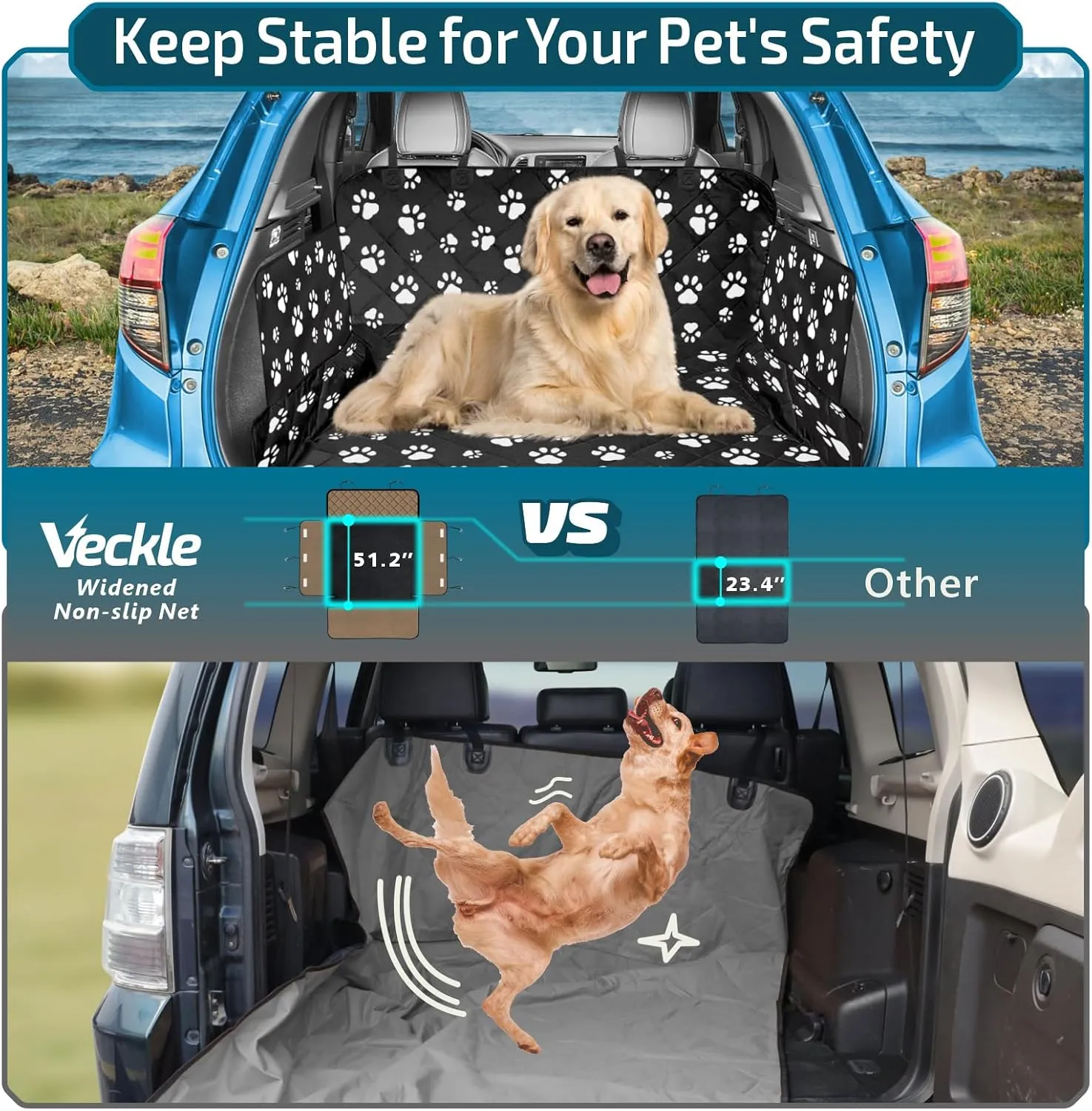 Veckle Cargo Liner, SUV Cargo Cover for Dogs with Side Flaps Hammock Water Resistant Nonslip Dog Seat Cover Area Protector Scratchproof for SUVs Sedans Vans, Paw Print