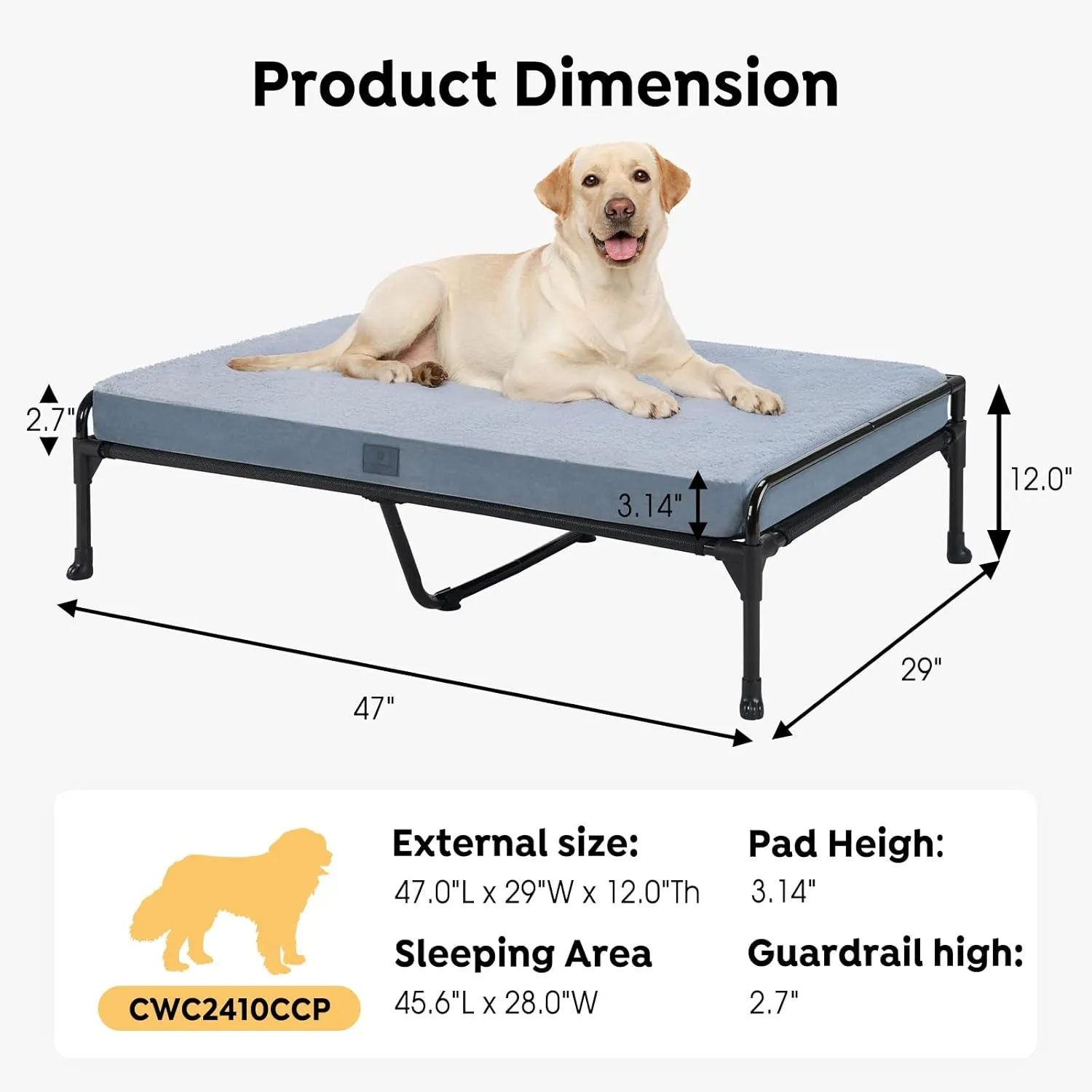 Veehoo Elevated Raised Dog Bed Removable Dog Cot Mat-Cooling Outdoor Large Pet Bed Three-Sided Guardrail Raised Pet Cot Hammock Bed with Bolster-47 x 29",XXL,Black