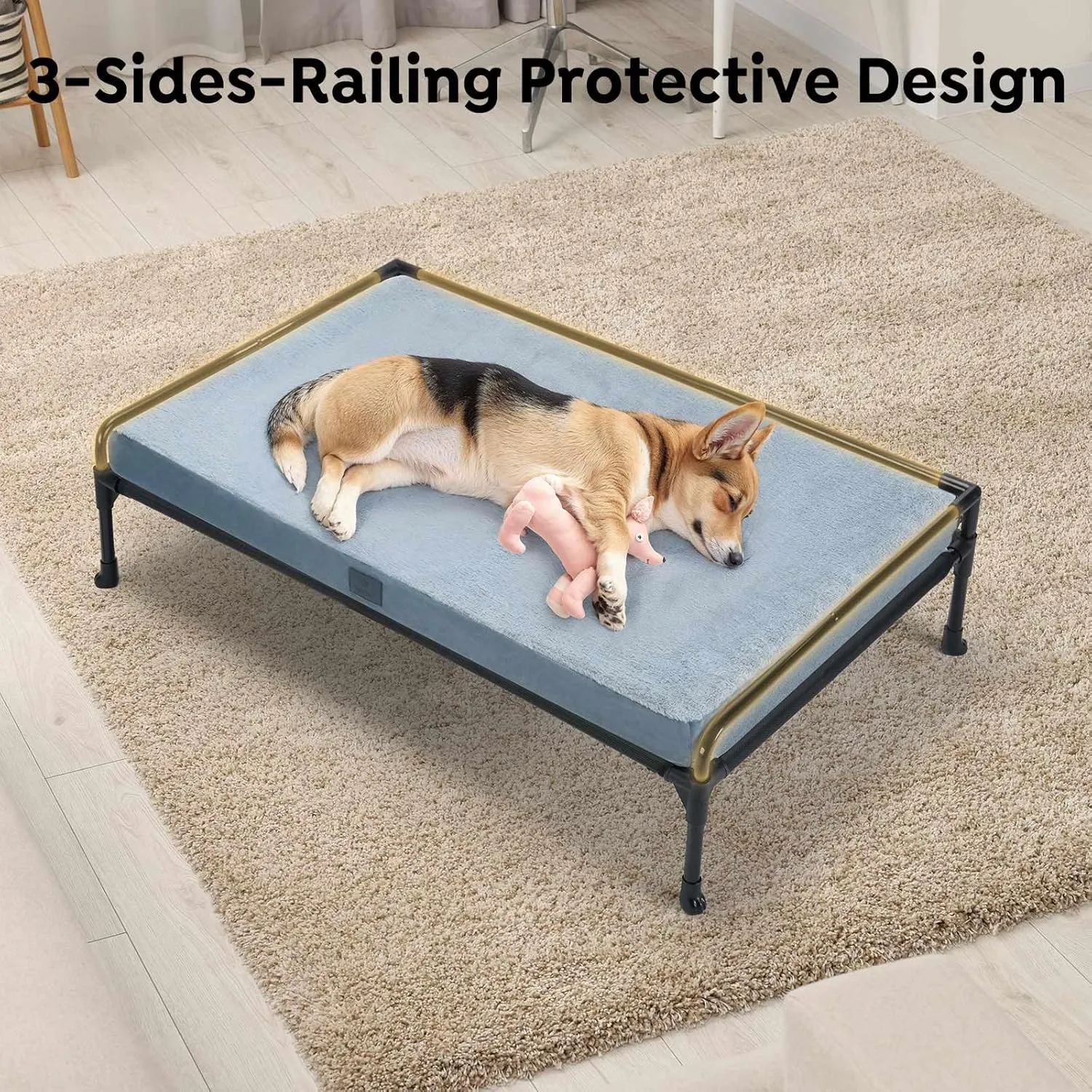 Veehoo Elevated Raised Dog Bed Removable Dog Cot Mat-Cooling Outdoor Large Pet Bed Three-Sided Guardrail Raised Pet Cot Hammock Bed with Bolster-47 x 29",XXL,Black