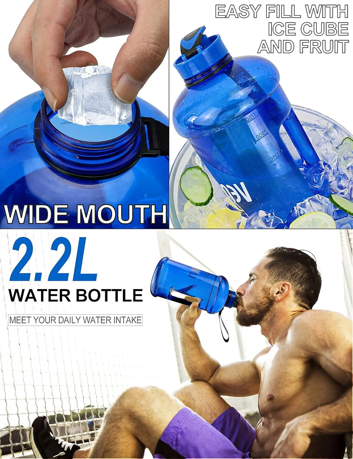 VENNERLI Half Gallon Water Bottle 2.2L Large Sports Water Bottle with Handle 74oz BPA-free Reusable Plastic Water Jugs Leakproof Hydro Bottle for Gym Yoga Travel Camping Cycling Outdoor Sports