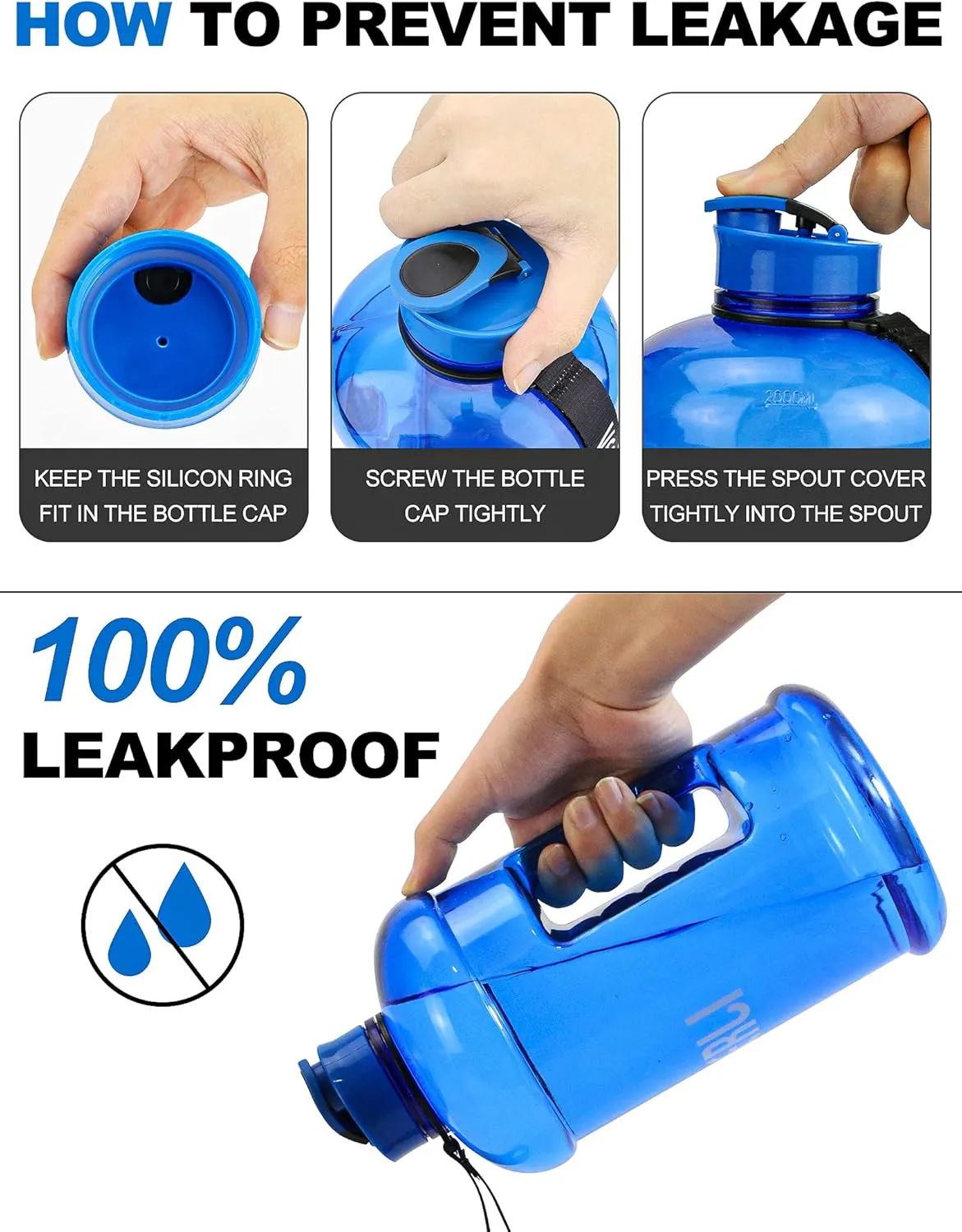 VENNERLI Half Gallon Water Bottle 2.2L Large Sports Water Bottle with Handle 74oz BPA-free Reusable Plastic Water Jugs Leakproof Hydro Bottle for Gym Yoga Travel Camping Cycling Outdoor Sports