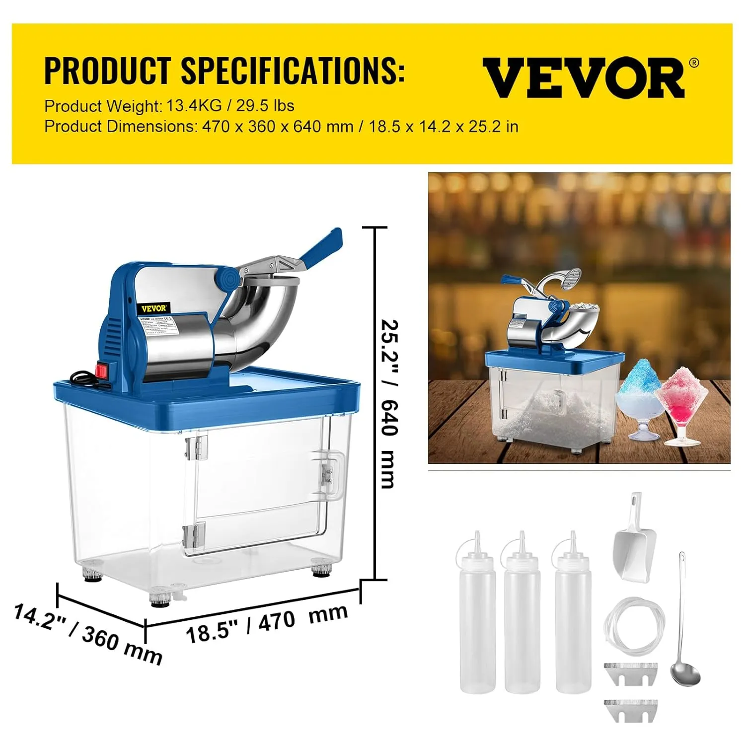 VEVOR 110V Commercial Ice Crusher 661LBS/H, ETL Approved 300W Electric Snow Cone Machine with Dual Blades, Stainless Steel Shaved Ice Machine with Safety On/Off Switch for Family, Restaurants, Bars