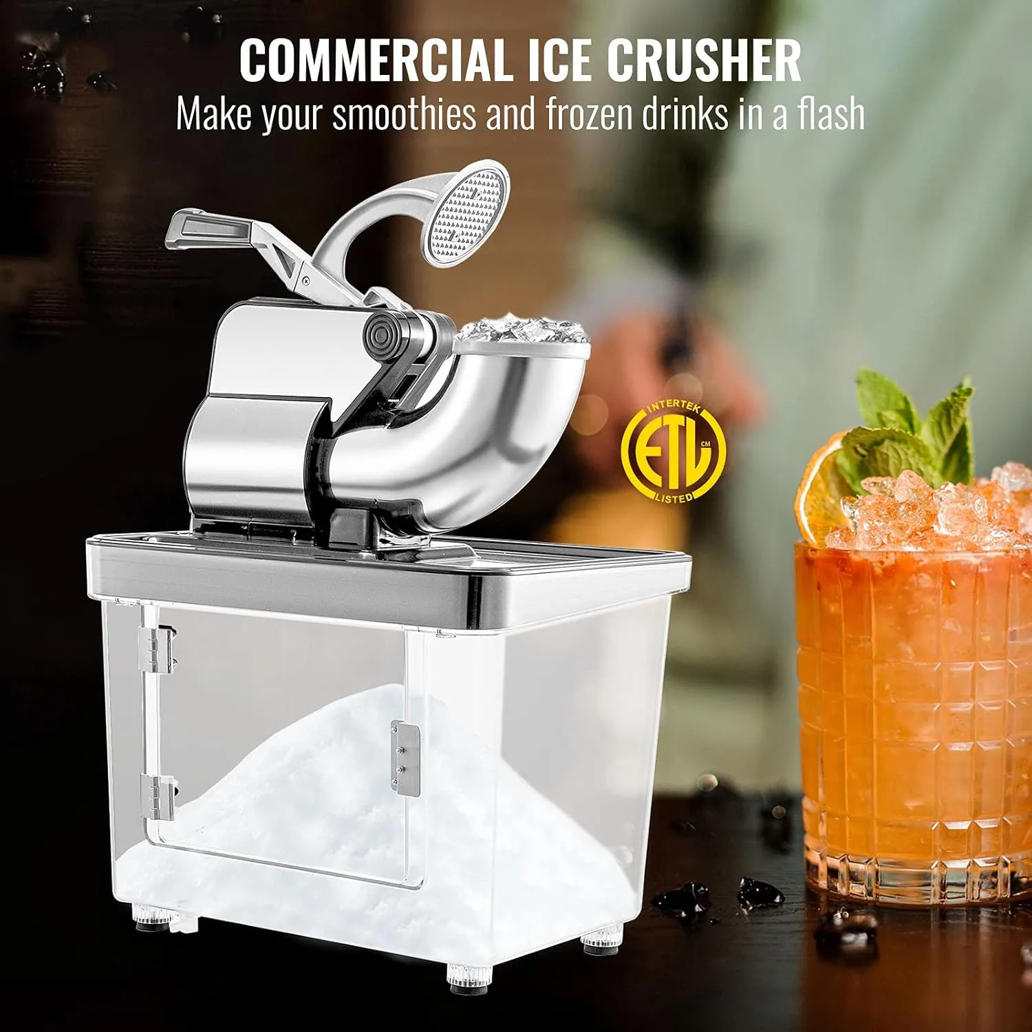 VEVOR 110V Commercial Ice Crusher 661LBS/H, ETL Approved 300W Electric Snow Cone Machine with Dual Blades, Stainless Steel Shaved Ice Machine with Safety On/Off Switch for Family, Restaurants, Bars