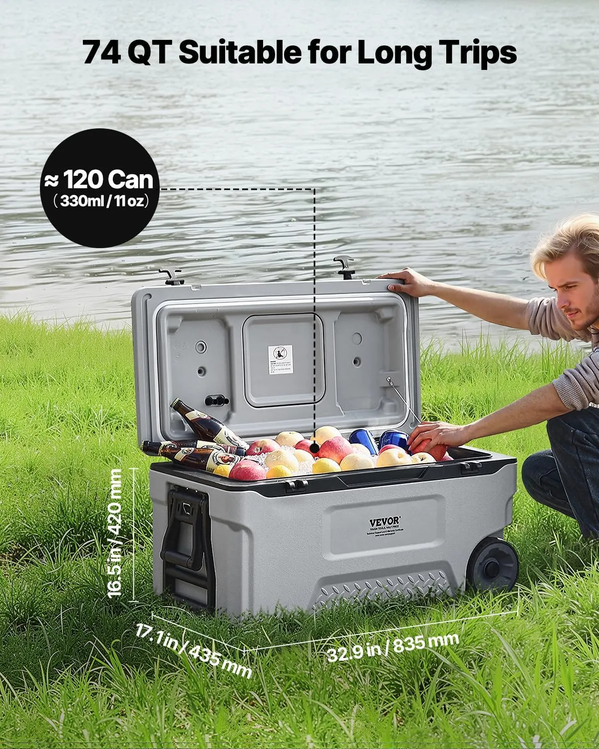 VEVOR Ultra-Light Hard Cooler, Ice Retention Cooler with Heavy Duty Handle, Ice Chest Lunch Box for Camping, Travel, Outdoor, Keeps Cool for up to 6 Days, 30% Lighter Than Rotomolded Coolers