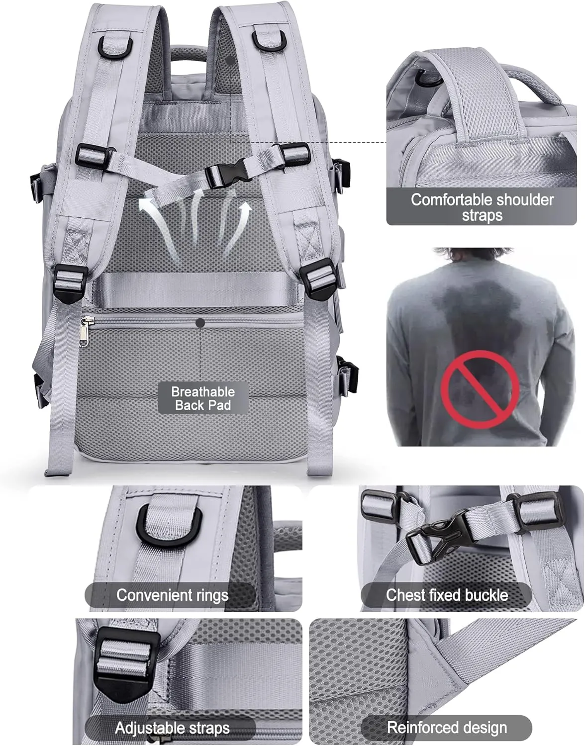 VGCUB Large Travel Backpack Bag for Women Men,Carry on Backpack,17 Inch Laptop Business Work Waterproof Backpack with Laptop Compartment,Person Item Flight Approved,Mochila de Viaje,Grey Large