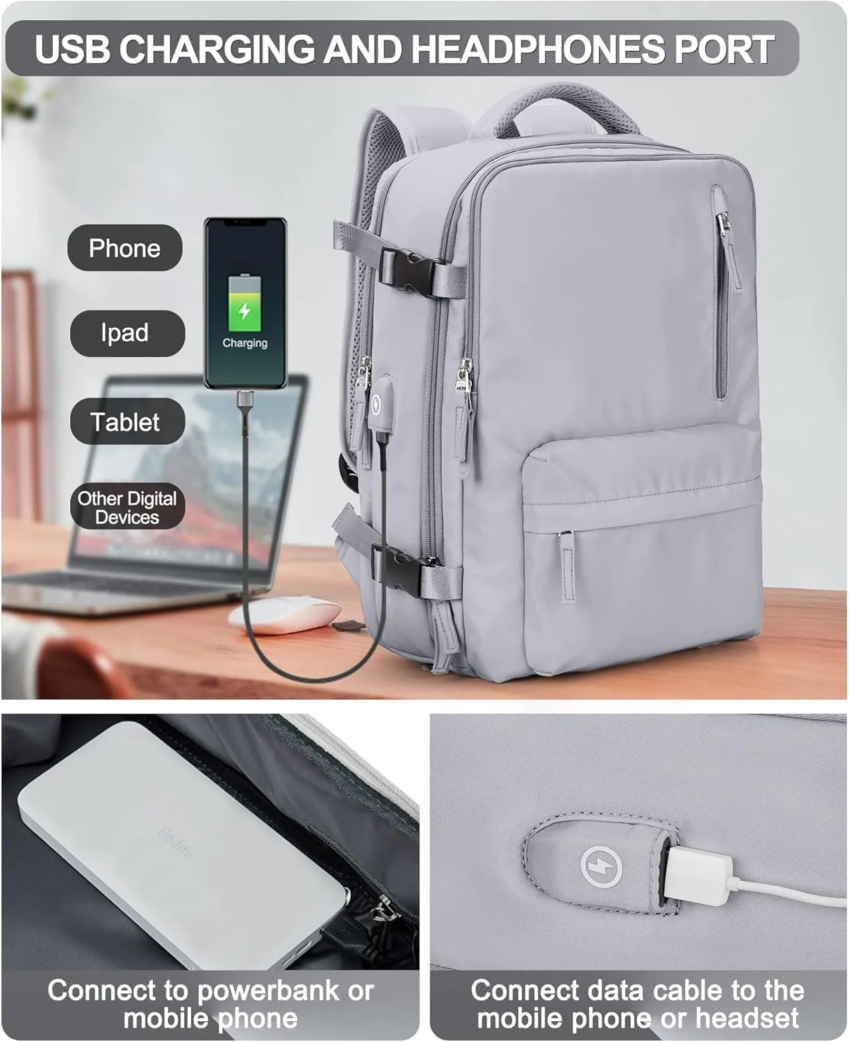 VGCUB Large Travel Backpack Bag for Women Men,Carry on Backpack,17 Inch Laptop Business Work Waterproof Backpack with Laptop Compartment,Person Item Flight Approved,Mochila de Viaje,Grey Large