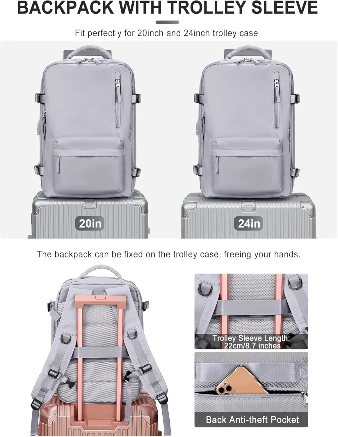 VGCUB Large Travel Backpack Bag for Women Men,Carry on Backpack,17 Inch Laptop Business Work Waterproof Backpack with Laptop Compartment,Person Item Flight Approved,Mochila de Viaje,Grey Large