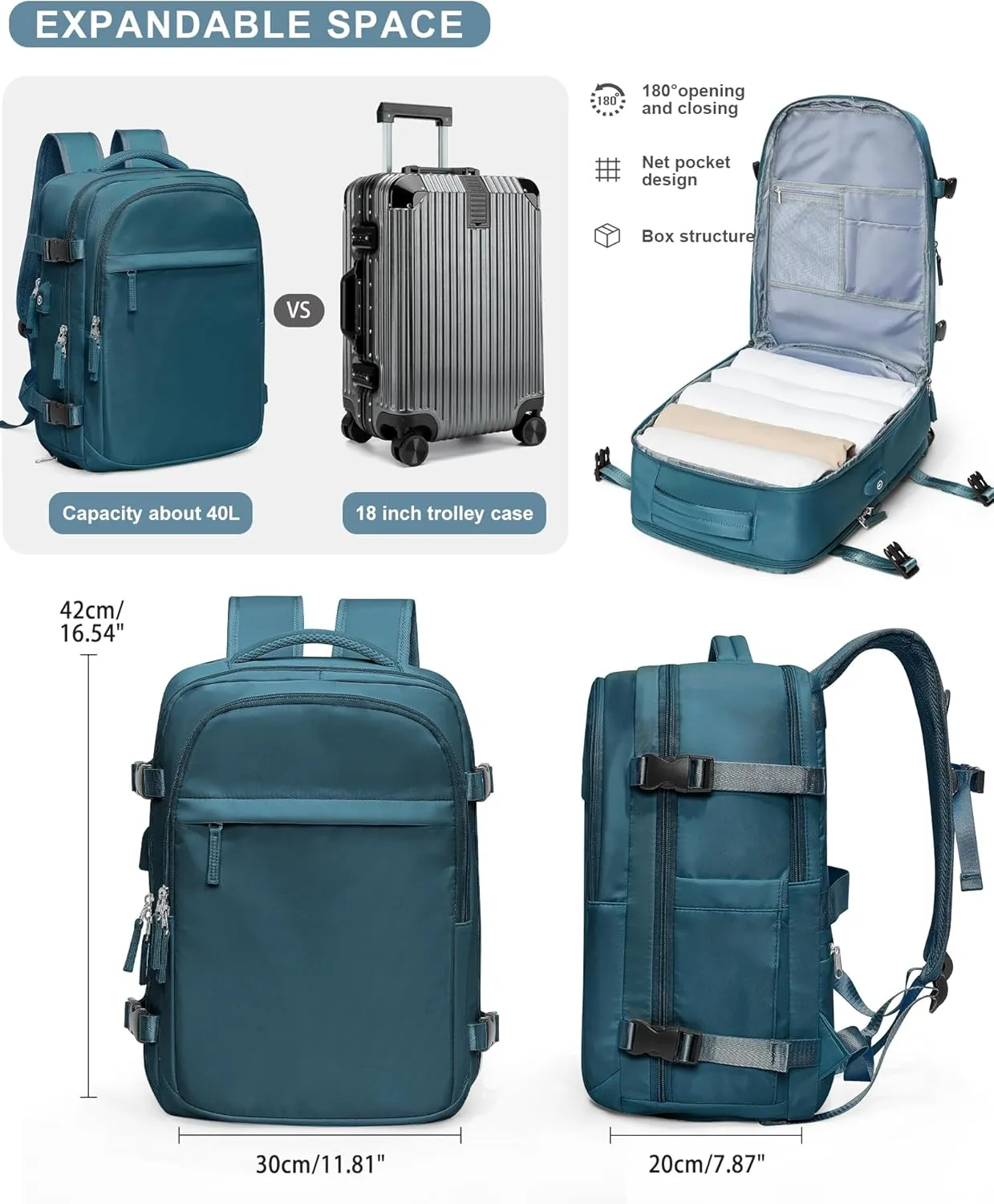 VGCUB Travel Backpack for Women Men Large Work Gym Frontier Airlines Personal Item Bag Business Airport lightweight Daypack Carry on Flight Approved Airplane Backpack Mochilas de Viaje Peacock Blue
