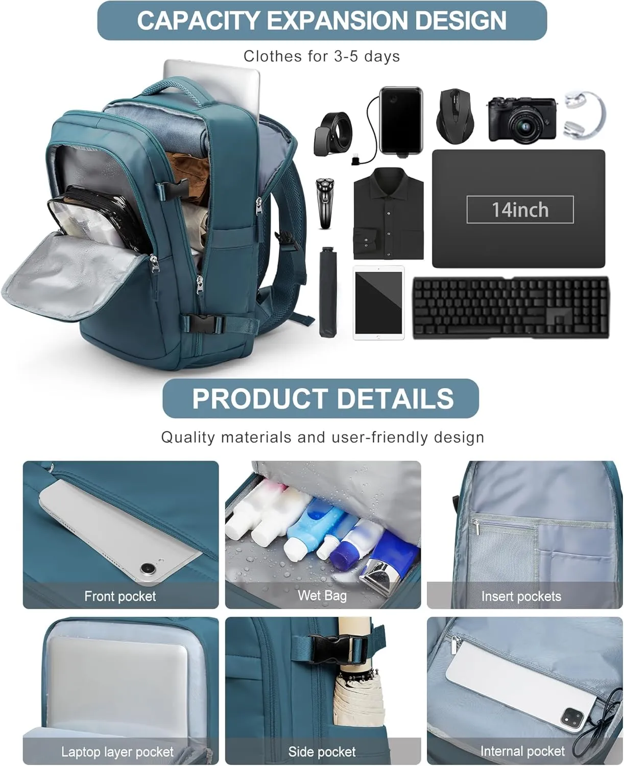 VGCUB Travel Backpack for Women Men Large Work Gym Frontier Airlines Personal Item Bag Business Airport lightweight Daypack Carry on Flight Approved Airplane Backpack Mochilas de Viaje Peacock Blue