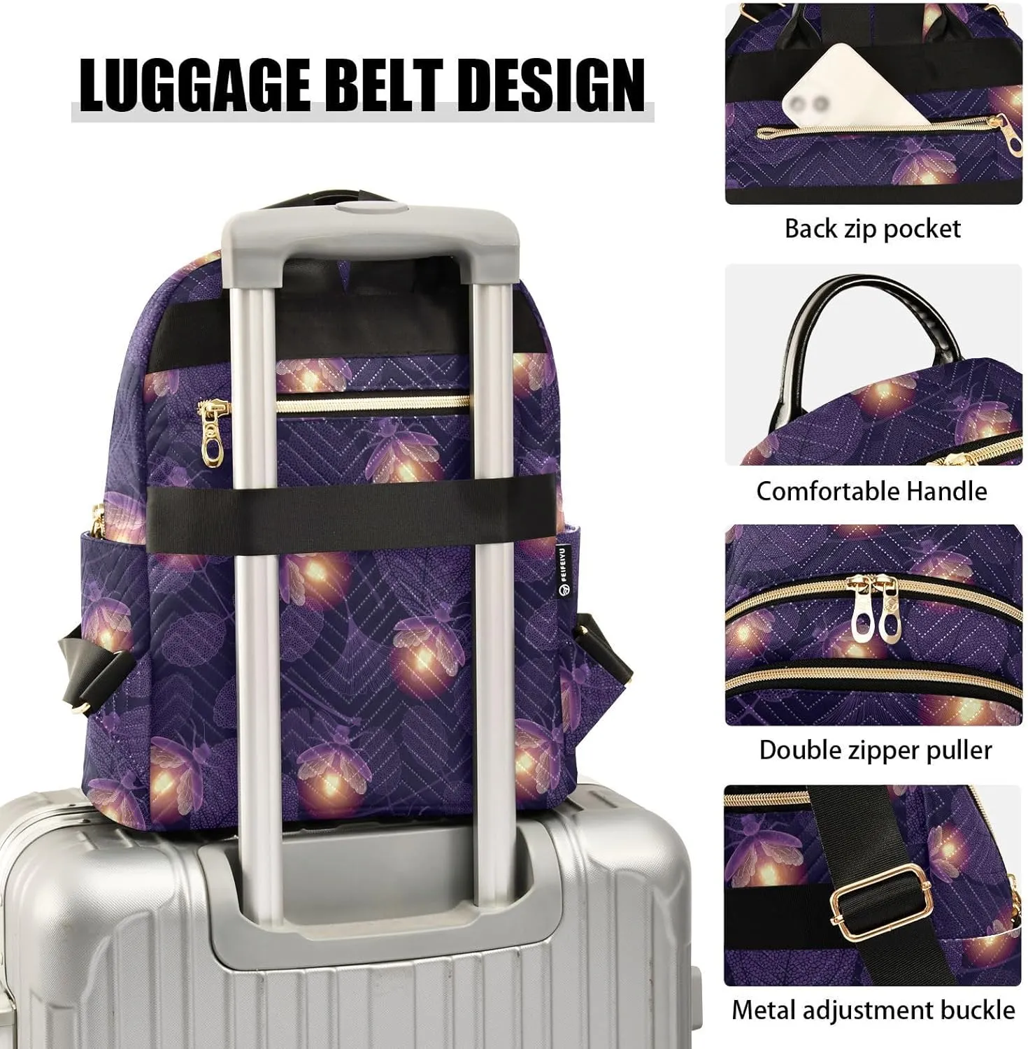 VIGTRO Women Fashion Backpack Quilted Mini Purse Firefly Beetle Leaves, Lightweight Travel Casual Shoulder Backpack with Adjustable Straps Size S
