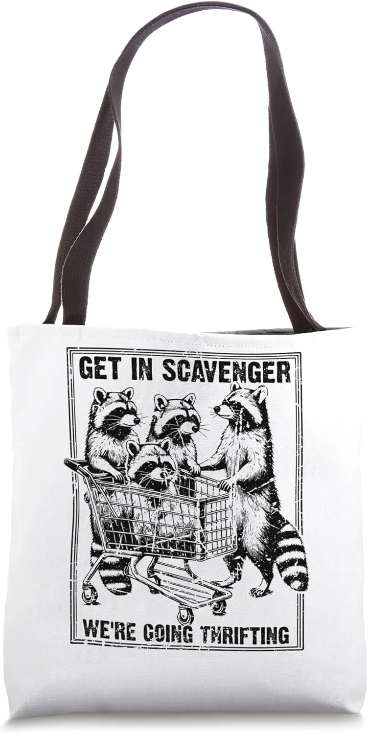 Vintage Scavenger We're Going Thrifting Funny Raccoon Tote Bag