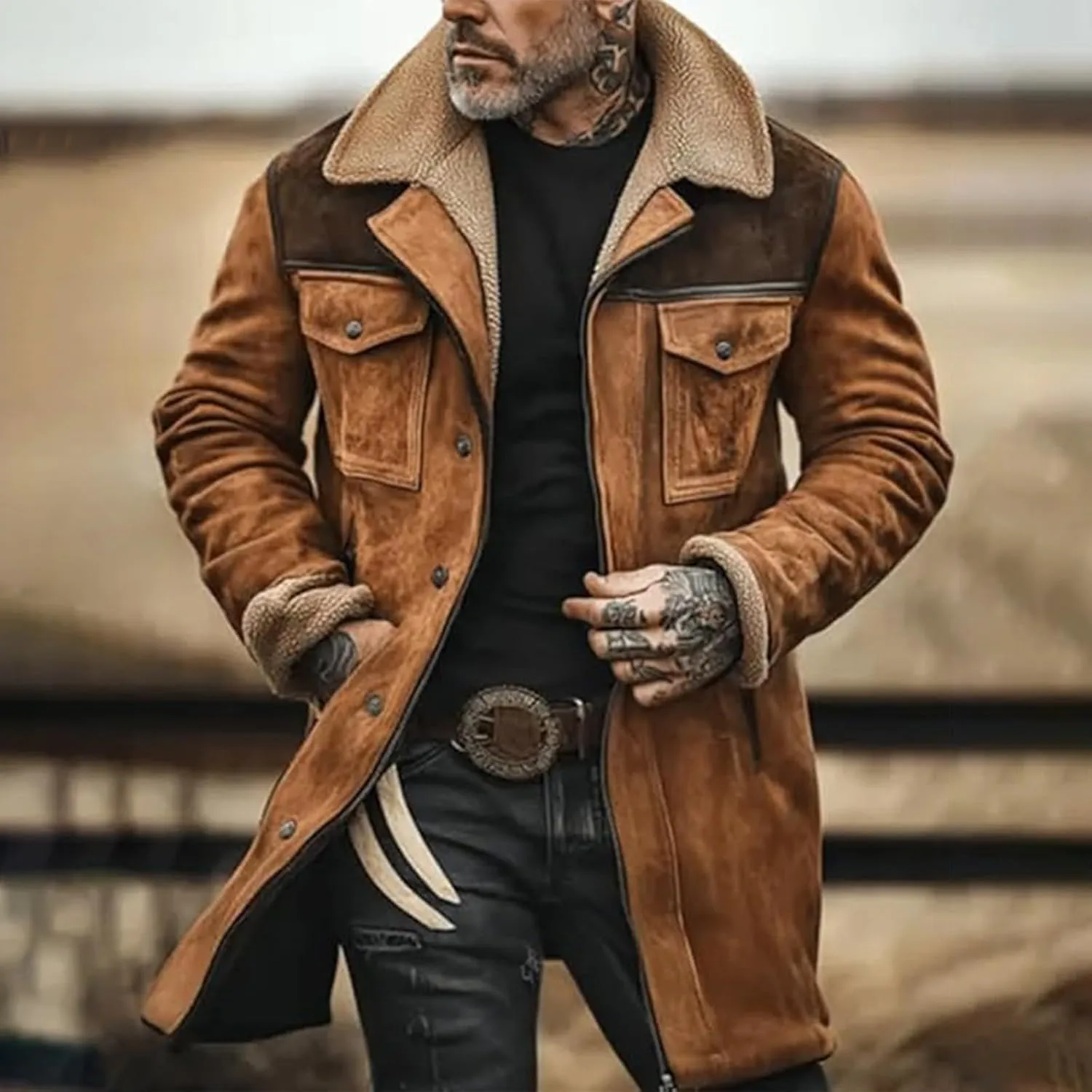 Vintage Suede Pocket Plush Reversed Collar Mens Outdoor Jacket Coat Retro Fashion Tops Warm Winter Shacket Outerwear